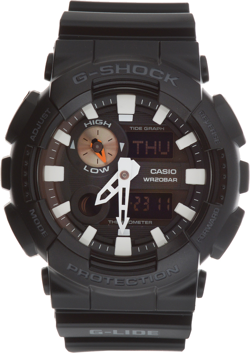 Часы наручные мужские Casio G-Shock, цвет: черный. GAX-100B-1ABM8434-58AE Часы наручные мужские Casio G-Shock, цвет: черный. GAX-100B-1ABM8434-58AELED-подсветка при помощи ярких светодиодов циферблата и жидкокристаллического дисплея. Автоматическая подсветка срабатывает при подъеме и повороте руки, а так же при нажатии на кнопку. Датчик термометра, измерение температуры от -10 до +60 °C График приливов с уровнем на определенную дату и время. Отображение мирового времени в 29 часовых поясах зонах с отображением основных городов в них. Секундомер с точностью показаний 1/100 сек и максимальным временем измерения 1000 часов. Таймер обратного отсчета на 60 минут с точностью в 1 секунду. 5 ежедневных будильников, устанавливаемых на определенное время, ежечасный сигнал.. Вкл./Откл. звука кнопок. Автоматическая подстройка положения стрелок пи нажатии кнопок, таким образом, чтобы не закрывать дисплей и вспомогательные индикаторы. Автоматический календарь, не требующий дополнительной корректировки, может быть настроен по 2099 год. Отображение времени в 12/24 часовом формате. Комбинированный корпус выполнен из нержавеющей стали 316L и композитного полимерного материала. Размеры корпуса 51,2 мм (по оси заводной головки) х 55 мм (по вертикали) х 16,9 мм (толщина). Вес приблизительно 69 грамм. Минеральное стекло устойчивое к возникновению царапин. Рельефный циферблат, большие часовые метки с объемной 3Dструктурой. Люминесцентный состав на стрелках и часовых метках с ярким послесвечением даже после кратковременного воздействия света. Стальная задняя крышка из нержавеющей стали с гравировкой соединена с корпусом 4 винтами. Водостойкость 200 метров. Ремешок из полимерного материала, стандартная застежка с двойным шипом.