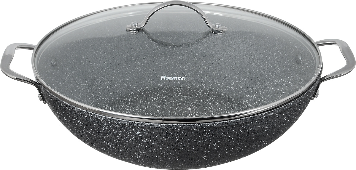 Вок Fissman Moon Stone с крышкой, с антипригарным покрытием. Диаметр 32 см94672 Вок Fissman Moon Stone с крышкой, с антипригарным покрытием. Диаметр 32 см94672Вок Fissman Moon Stone изготовлен из алюминия счетырехслойным антипригарным покрытием Platinum. Такоепокрытие стойкое к появлению царапин и истиранию.Толстое дно обеспечивает равномерное распределение тепла. Вок оснащен удобными металлическими ручками. Вок имеет необычную коническую форму. Он универсален: в нем удобно жарить, тушить, коптить, готовитьна пару. Основной принцип приготовления еды - быстрая жарка с непрерывным помешиванием. Готовые блюда содержат минимум жира - впитыванию масла мешает постоянное перемещение кусочков. За счет высоких стенок вока кусочки во время интенсивного перемешивания не высыпаются. Вок имеет стеклянную крышку с металлической ручкой и отверстие для выхода пара.Идеальные рецепты для вока - рагу, жаркое, плов, мясо с гарнирами из лапши и овощей, блюда-фри. Подходит для газовых, электрических, стеклокерамических, индукционных плит. Можно мыть в посудомоечной машине. Высота стенки: 9 см. Длина ручек: 4,5 см. Диаметр (по верхнему краю): 32 см.