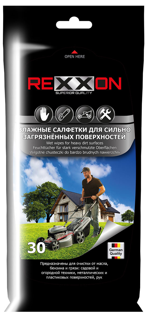 Влажные салфетки Rexxon, для сильно загрязненных поверхностей автомобиля, 30 штRC-100BWC Влажные салфетки Rexxon, для сильно загрязненных поверхностей автомобиля, 30 штRC-100BWCВлажные салфетки предназначены для очистки от масла, бензина и грязи садовой и огородной техники, а также металлических и пластиковых поверхностей автомобиля, и рук.