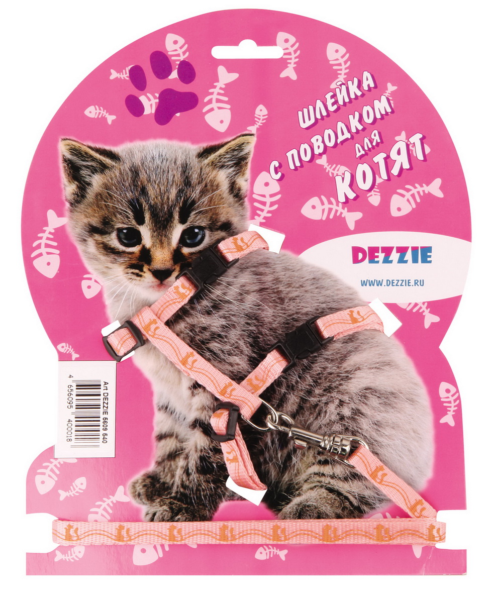 Шлейка для котят Dezzie, с поводком, ширина 0,8 см, обхват груди 23-43 см, цвет: розовый. 56095405609540 Шлейка для котят Dezzie, с поводком, ширина 0,8 см, обхват груди 23-43 см, цвет: розовый. 56095405609540Шлейка Dezzie, изготовленная из прочного нейлона, подходит для котят. Крепкие пластиковые элементы делают ее надежной и долговечной. Обхват шлейки регулируется при помощи пряжек. В комплект входит поводок из нейлона, который крепится к шлейке с помощью металлического карабина. Шлейка и поводок оформлены изображением кошек. Шлейка - это альтернатива ошейнику. Правильно подобранная шлейка не стесняет движения питомца, не натирает кожу, поэтому животное чувствует себя в ней уверенно и комфортно.Обхват груди: 23-43 см.Ширина шлейки/поводка: 0,8 см.Длина поводка: 120 см.Длина ошейника: 23-43 см.