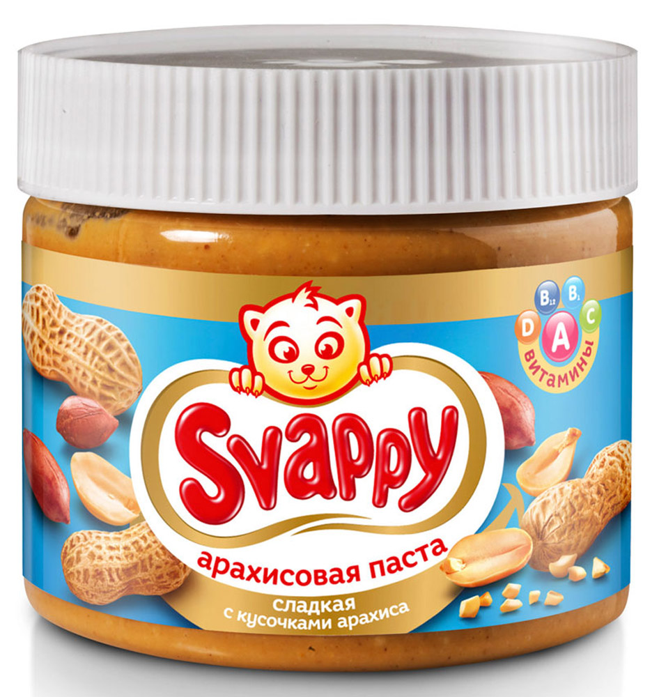 Svappy арахисовая паста сладкая с кусочками арахиса, 300 г0120710 Svappy арахисовая паста сладкая с кусочками арахиса, 300 г0120710Арахисовая сладкая паста Svappy - эксклюзивный продукт из отборного аргентинского арахиса, выращенного по стандартам контроля GMP. Паста не содержит в себе ГМО, глютена и прочих вредных веществ.Процедура обжаривания арахиса происходит по особой рецептуре, разработанной технологами, также паста имеет приятную консистенцию, не прилипает во время еды и насыщена витаминами A, B1, B2, E, PP.Каждая баночка проходит чуткий контроль технологов и отдела ОТК.Продукция полностью сертифицирована и прошла все лабораторные и бактериологические исследования.Уважаемые клиенты! Обращаем ваше внимание, что полный перечень состава продукта представлен на дополнительном изображении.
