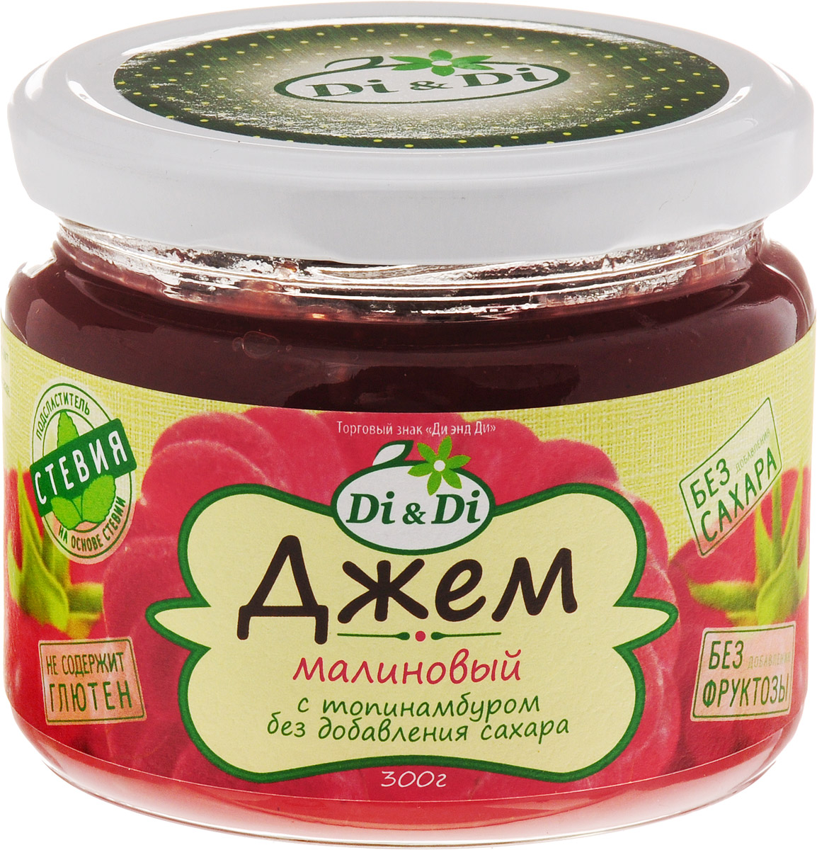 Di & Di Джем малиновый с топинамбуром, 300 г0120710 Di & Di Джем малиновый с топинамбуром, 300 г0120710Малиновый джем Di & Di с топинамбуром без добавления сахара, горячего розлива.Топинамбур - источник инулина, который является естественным пребиотиком и обеспечивает рост полезной микрофлоры кишечника.Экстракт стевии - стевиозид используется в качестве полноценной и функциональной замены сахара. Обладает нулевой калорийностью, интенсивный подсластитель.Продукт является диетическим питанием, не обладает лечебными свойствами, предназначен для всех категорий населения.