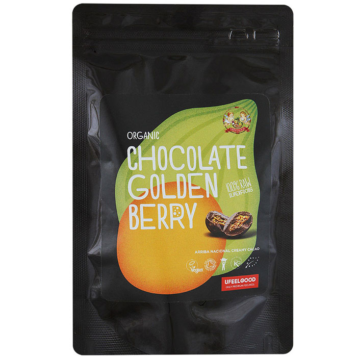 UFEELGOOD Organic Chocolate Golden Berry физалис в сыром шоколаде, 50 г0120710 UFEELGOOD Organic Chocolate Golden Berry физалис в сыром шоколаде, 50 г0120710Ягоды физалиса пользуются большой популярностью во всем мире, а сочетание кисло-сладкого вкуса ягод с нежным шоколадом и щепоткой ванили добавило им еще больше поклонников.Продукт можно употреблять как самостоятельное блюдо, а также добавлять в выпечку, различные смузи, кашу, творог. Золотые ягоды в шоколаде станут отличным перекусом.