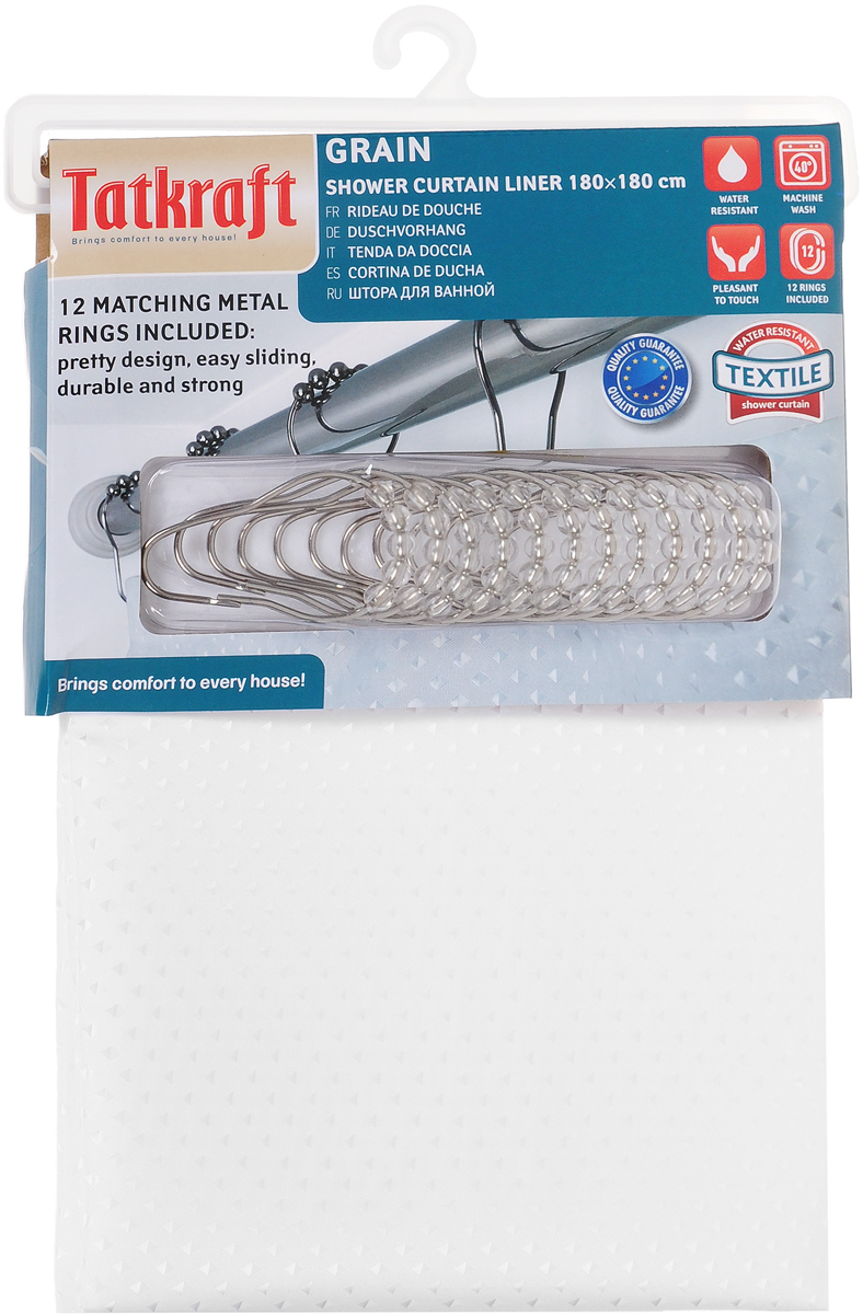 Штора для ванной комнаты Tatkraft Grain, с кольцами, 180 х 180 см391602 Штора для ванной комнаты Tatkraft Grain, с кольцами, 180 х 180 см391602Штора для ванной комнаты Tatkraft Grain выполнена из высококачественного полиэстера с водоотталкивающим и антигрибковым покрытием. Изделие приятно на ощупь, быстро высыхает. В комплекте кольца из хромированной стали с пластиковыми бусинами.Такая штора прекрасно впишется в любой интерьер ванной комнаты и идеально защитит от брызг. Количество колец: 12 шт.