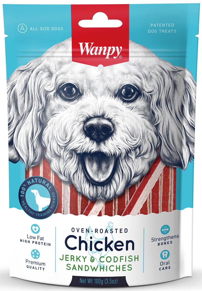 Лакомство для собак Wanpy Dog, курица с треской в форме сэндвича, 100 гCC-01S Лакомство для собак Wanpy Dog, курица с треской в форме сэндвича, 100 гCC-01SКурица с треской в форме сэндвича - вкусное и натуральное лакомство для собак. Внимание! Абсорбент, находящийся внутри упаковки не подлежит скармлению животным, предназначен для предотвращения образования влаги внутри упаковки.Анализ компонентов: сырой белок 28,0%; сырой жир 1,0 %; клетчатка 0,5%; зола 3,0%; влага 30,0%.Состав: курица, глицерин, треска, белки животного происхождения, крахмал, чесночный порошок, разрешенные ЕС красители, соль, сахар, растительное масло. Рекомендации по кормлению: давать в виде дополнения к основному питанию. Свежая вода всегда должна быть доступна вашему питомцу.