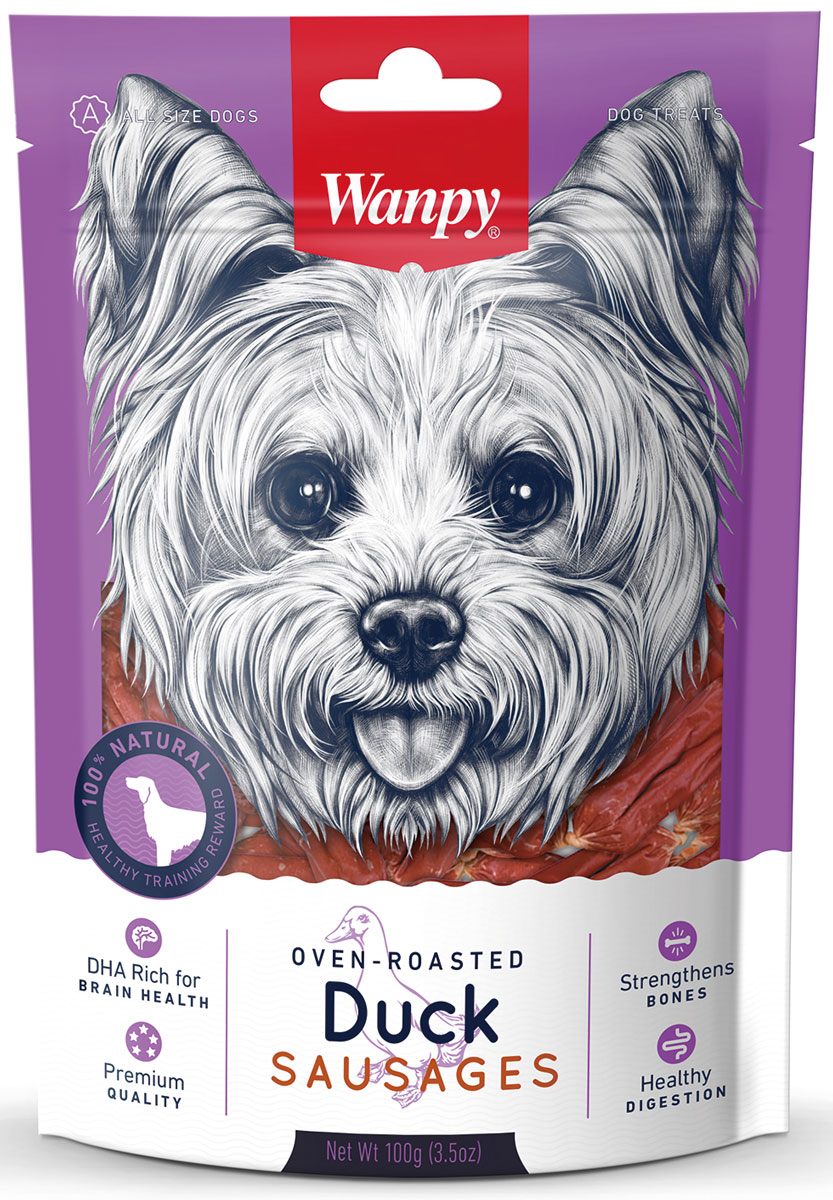Лакомство для собак Wanpy Dog, утиные сосиски, 100 г0120710 Лакомство для собак Wanpy Dog, утиные сосиски, 100 г0120710Утиные сосиски - вкусное и натуральное лакомство для собак. Внимание! Абсорбент, находящийся внутри упаковки не подлежит скармлению животным, предназначен для предотвращения образования влаги внутри упаковки.Анализ компонентов: сырой белок 38,0%; сырой жир 17,0 %; клетчатка 0,5%; зола 6,0%; влага 15,0%. Состав: утка и утиные субпродукты, курица, соевая мука, крахмал, соль, глицерин, антиоксиданты, содержит разрешенные ЕС красители. Рекомендации по кормлению: давать в виде дополнения к основному питанию. Свежая вода всегда должна быть доступна вашему питомцу.