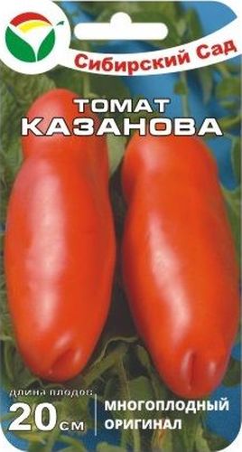 Семена Сибирский сад Томат. Казанова, 20 штBH-SI0439-WW Семена Сибирский сад Томат. Казанова, 20 штBH-SI0439-WWСреднеспелый многоплодный сорт для защищенного грунта. Интересен экзотически-оригинальной формой плодов и рекордно - высокой урожайностью растений. Куст высотой до 2 м, среднеоблиственный. В кисти формируется до 5 интенсивно-красных плодов вытянутой формы, длиной до 20 см. Томаты гладкие, плотные, с забавным раздвоенным донцем и плотной бессемянной мякотью. Средний вес 150-200 г. Вкусовые качества сорта отличные, томаты долго хранятся и идеально походят для заготовок. Экзотические плоды плотно укладываются в банки, не растрескиваются при консервировании. Плодоношение очень обильное, урожайность до 12 кг/м2. Рекомендован для выращивания в теплицах и пленочных укрытиях. Хорошо реагирует на полив и подкормки комплексными минеральными удобрениями. При необходимости защиты от фитофтороза и альтернариоза рекомендуется проводить профилактические обработки томатов. Первое опрыскивание - в стадии 4-6 настоящих листьев, последующие - с интервалом 7- 10 дней, но не позднее 20 дней до начала сбора плодов.