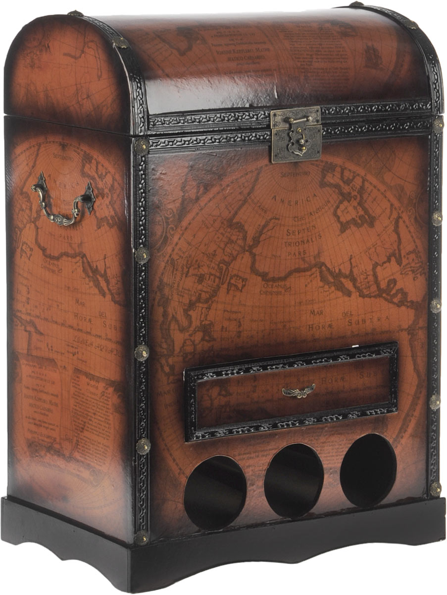 Сундук-бар Roura Decoracion, 44 х 25 х 60 смKbox-Fleurs Сундук-бар Roura Decoracion, 44 х 25 х 60 смKbox-FleursСундук-бар Roura Decoracion - это оригинальный предмет интерьера, предназначенный для хранения алкогольных напитков. Сундук-бар выполнен из МДФ и металла, стилизован под старину, что придает изделию антикварный вид и изысканность. Внутри обит бархатистой тканью. Помимо главного отделения, куда вы можете поставить бутылки, в нижней части сундук оснащен тремя отверстиями, в которых вы сможете разместить бутылки горизонтально. Сундук имеет небольшой выдвижной ящик, в который вы сможете убрать штопор, положить сигары или любые другие предметы.Сундук-бар может стать великолепным подарком для ценителя или коллекционера элитных напитков, благодаря своему неповторимому дизайну и функциональности.Размеры сундука: 44 х 25 х 60 см.Диаметр отверстий для горизонтального размещения бутылок: 8 см.