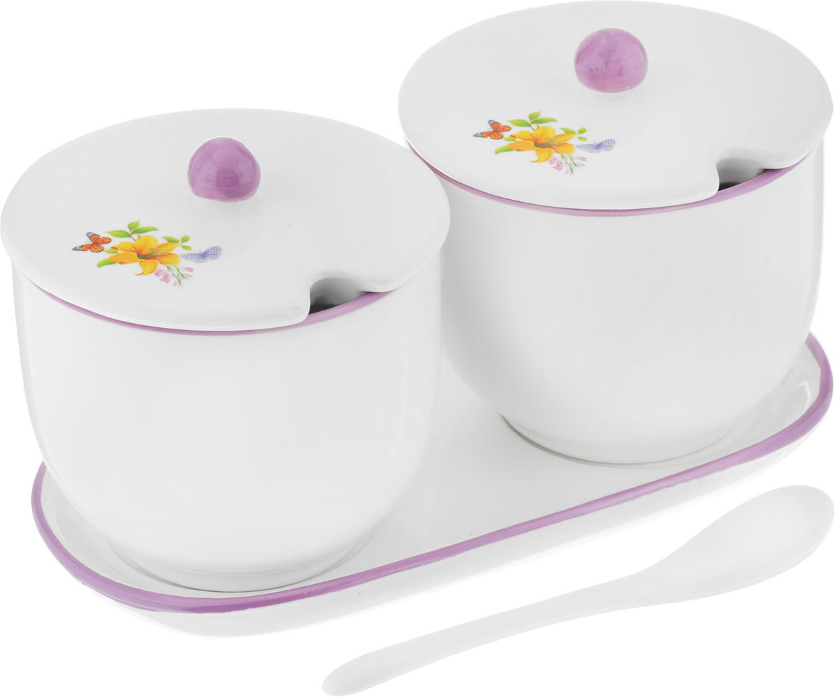 Набор банок для сыпучих продуктов Polystar Flowers Toledo, на подставке, с ложками, 5 предметовVT-1520(SR) Набор банок для сыпучих продуктов Polystar Flowers Toledo, на подставке, с ложками, 5 предметовVT-1520(SR)Набор Polystar Flowers Toledo состоит из 2 банок для сыпучих продуктов с крышками, 2 ложек и подставки. Изделия изготовлены из высококачественной керамики и декорированы цветочным рисунком. Гладкая и ровная глазурованная поверхность обеспечивает легкую очистку.Такой набор гармонично впишется в любой интерьер, дополняя его и делая максимально комфортным. Объем банки: 300 мл. Размер банки: 10 х 10 х 8 см. Размер подставки: 20,5 х 10 х 2 см. Длина ложки: 13 см.