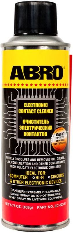 Очиститель электрических контактов Abro, 163 гEC-533 Очиститель электрических контактов Abro, 163 гEC-533Очиститель удаляет масло, жир, грязь, окислы и влагу с электрических контактов, переключателей, розеток, электроплат, измерительных приборов и т. д. Не оставляет сухого остатка, безопасен для большинства пластмасс. Предотвращает ухудшение электросигнала и закисание электроконтактов.Идеально подходит для электрических блоков и контактов в автомобиле и дома, компьютеров, аудио- и видеотехники, а также любых других электрических приборов и устройств.
