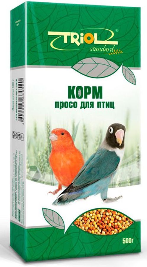 Корм Тriol Standard. Просо для птиц, 500 г0120710 Корм Тriol Standard. Просо для птиц, 500 г0120710Просо - незаменимо для здорового питания птиц. Такой корм обогащен витаминами, необходимыми для правильного развития пернатых питомцев.Просо для птиц - это уникальный коктейль из зерен проса от компании Triol, тщательно отобранных и высушенных на солнце. Данный продукт представляет собой полнорационный корм для птиц, таких как канарейки и волнистые попугайчики, он содержит оптимальное количество растительных белков и клетчатки для обеспечения организма птицы жизнедеятельностью. Кроме того зерна проса насыщены минеральными веществами и витаминами, среди которых фосфор, минеральные соли и жиры, способствующие улучшению работы пищеварительной системы и улучшая общий обмен веществ. Данный продукт отлично подходит для смешивания с другими видами кормов, благодаря чему вы сможете составить идеальный питательный баланс для своей птицы. Просо долго храниться и очень стойкое к вредителям. Позаботьтесь о здоровье и счастье ваших птиц с уникальными кормами от компании Triol!