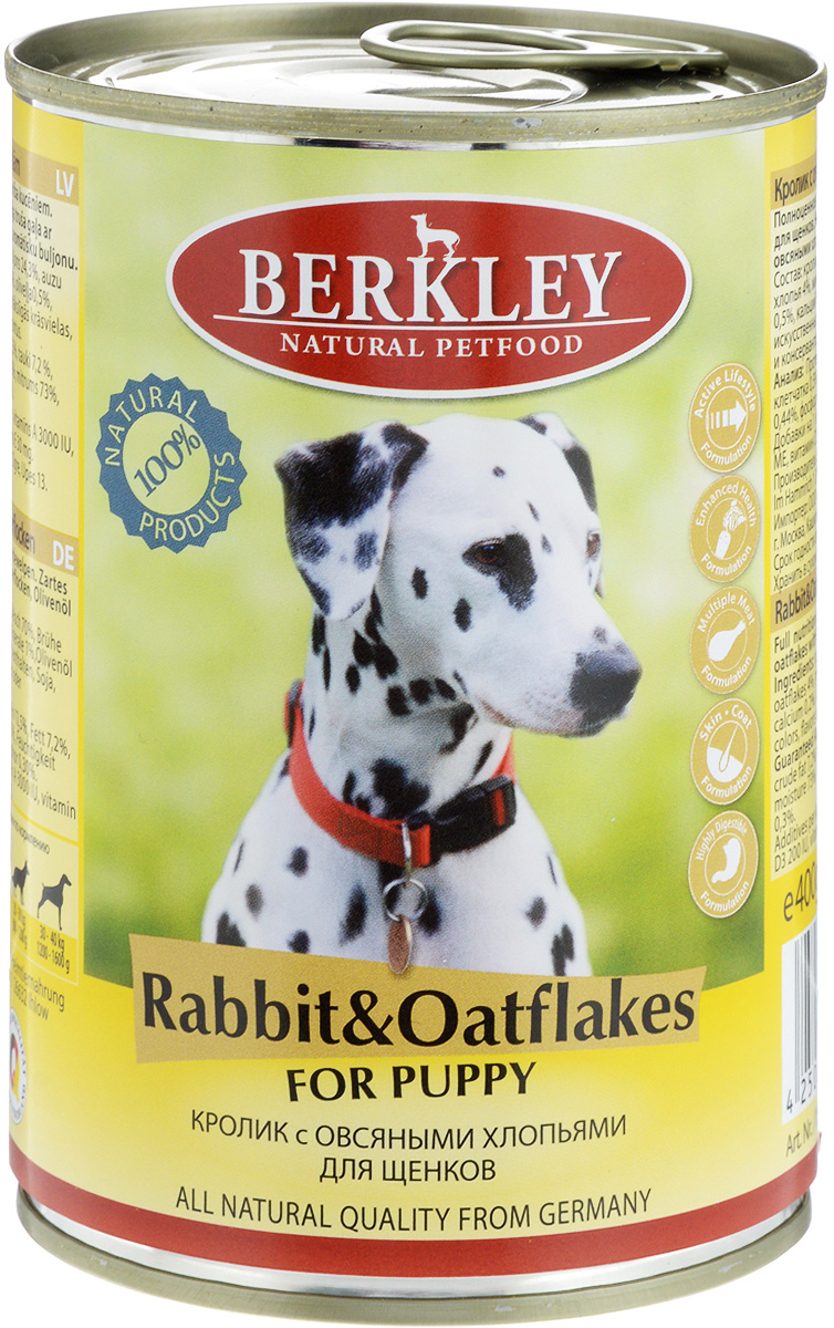 Консервы Berkley, для щенков, кролик с овсяными хлопьями, 400 г58384/75070 Консервы Berkley, для щенков, кролик с овсяными хлопьями, 400 г58384/75070Консервы Berkley - полноценное консервированное питание для щенков. Не содержат сои, консервантов, искусственных красителей и ароматизаторов. Корм полностью удовлетворяет ежедневные энергетические потребности животного и обеспечивает оптимальное функционирование пищеварительной системы.Товар сертифицирован.
