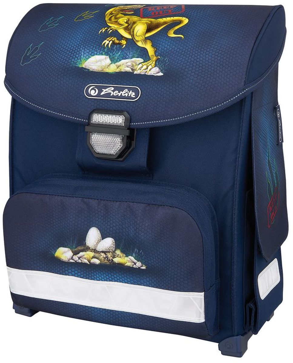 Herlitz Ранец школьный для мальчика Smart Dino цвет темно-синий72523WD Herlitz Ранец школьный для мальчика Smart Dino цвет темно-синий72523WDРанец Smart Dino подарит ребенку удобство и стильный внешний вид. Исполненный из полиэстера, он имеет два основных отделения, прикрытых клапаном на защелке, на внутренней стороне которого имеется расписание для уроков, два боковых кармана на липучке, один большой внешний карман на молнии, уплотненную эргономичную спинку, твердое дно с пластиковыми ножками и широкие мягкие регулируемые лямки. Ткань ранца пропитана водоотталкивающим составом. Для удобства переноски рюкзак снабжен ручкой, а чтобы ребенка можно было распознать на дороге в сумерки - светоотражателями. Вес ранца меньше килограмма.