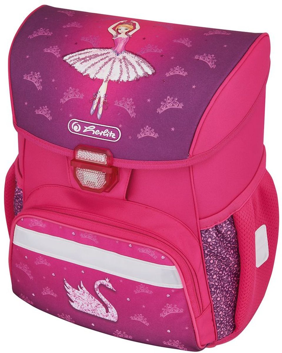 Herlitz Ранец школьный для девочки Loop Ballerina цвет розовый50008087 Herlitz Ранец школьный для девочки Loop Ballerina цвет розовый50008087Школьный ранец для девочки Loop Ballerina подарит ребенку удобство и стильный внешний вид. Исполненный из полиэстера, он имеет два основных отделения, прикрытых клапаном на защелке, на внутренней стороне которого имеется расписание для уроков, два боковых кармана на резиночке, один большой внешний карман на молнии, уплотненную эргономичную спинку, твердое дно и широкие мягкие регулируемые лямки. Ткань ранца пропитана водоотталкивающим составом. Для удобства переноски рюкзак снабжен ручкой, а чтобы ребенка можно было распознать на дороге в сумерки - светоотражателями. Вес ранца меньше килограмма.