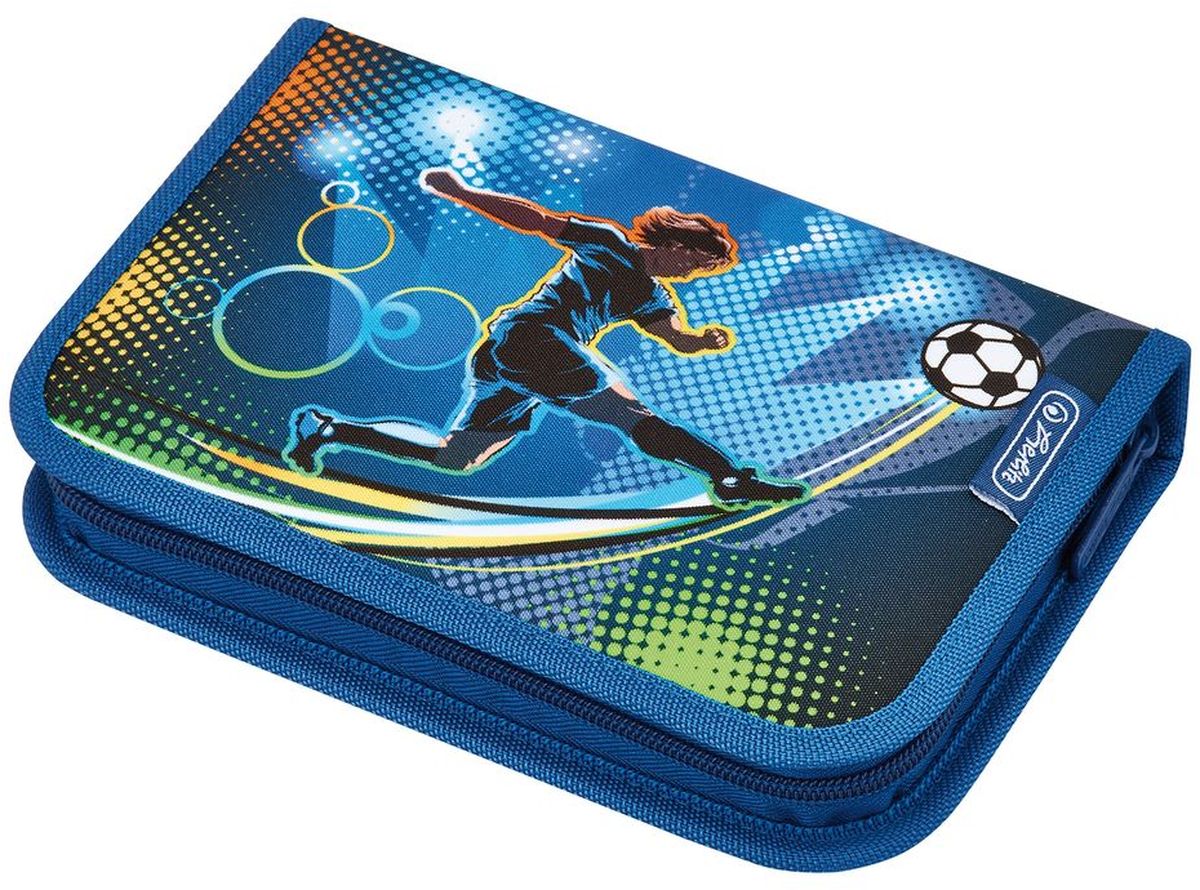 Herlitz Пенал Soccer с наполнением 31 предмет72523WD Herlitz Пенал Soccer с наполнением 31 предмет72523WDПенал с наполнением Herlitz Soccer состоит из одного отделения с двумя откидными створками. Прочный кант, жесткая обложка.Пенал содержит 31 предмет: 1 шариковая ручка, 2 чернографитных карандаша, 8 цветных карандашей, 14 фломастеров, линейка и угольник, ластик и точилка, расписание уроков на русском языке, личные данные ученика.