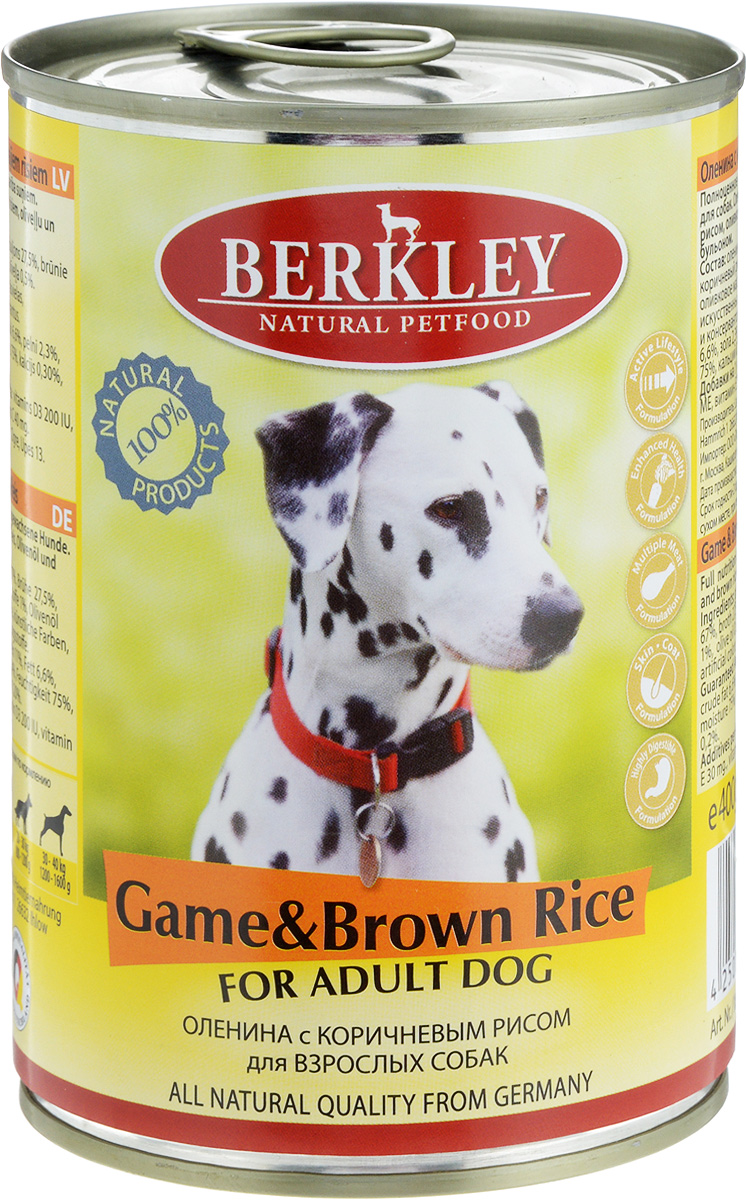 Консервы Berkley, для взрослых собак, оленина с коричневым рисом, 400 г0120710 Консервы Berkley, для взрослых собак, оленина с коричневым рисом, 400 г0120710Консервы Berkley - полноценное консервированное питание для взрослых собак. Не содержат сои, консервантов, искусственных красителей и ароматизаторов. Корм полностью удовлетворяет ежедневные энергетические потребности животного и обеспечивает оптимальное функционирование пищеварительной системы.Товар сертифицирован.