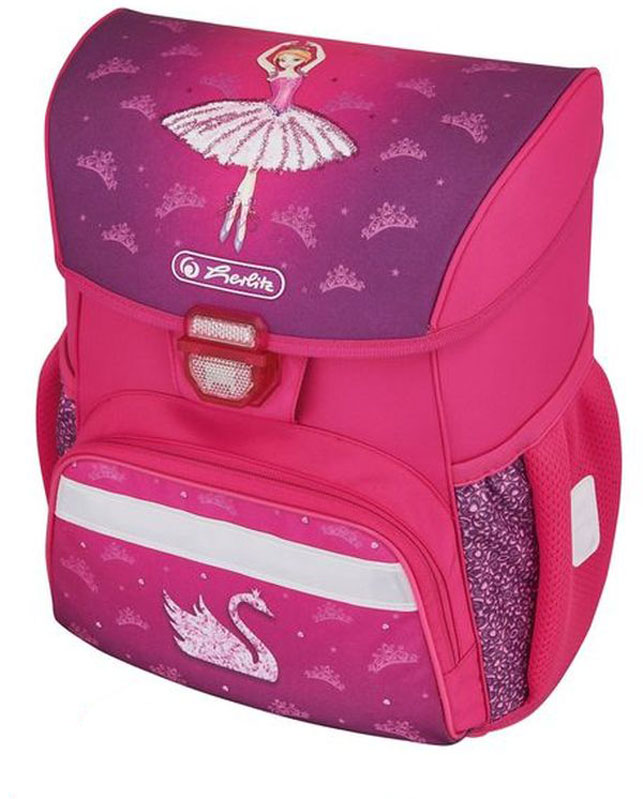 Herlitz Ранец школьный для девочки Loop Plus Ballerina с наполнением цвет розовый72523WD Herlitz Ранец школьный для девочки Loop Plus Ballerina с наполнением цвет розовый72523WDРанец для девочки Loop Plus Ballerina подарит ребенку удобство и стильный внешний вид. Вместе с ранцем в набор входят: текстильный мешок для сменной обуви, жесткий пенал с наполнением 16 предметов, косметичка. Исполненный из полиэстера, он имеет два основных отделения, прикрытых клапаном на защелке, на внутренней стороне которого имеется расписание для уроков, два боковых кармана на резиночке, один большой внешний карман на молнии, уплотненную эргономичную спинку, твердое дно и широкие мягкие регулируемые лямки. Ткань ранца пропитана водоотталкивающим составом. Для удобства переноски рюкзак снабжен ручкой, а чтобы ребенка можно было распознать на дороге в сумерки - светоотражателями. Вес ранца меньше килограмма.