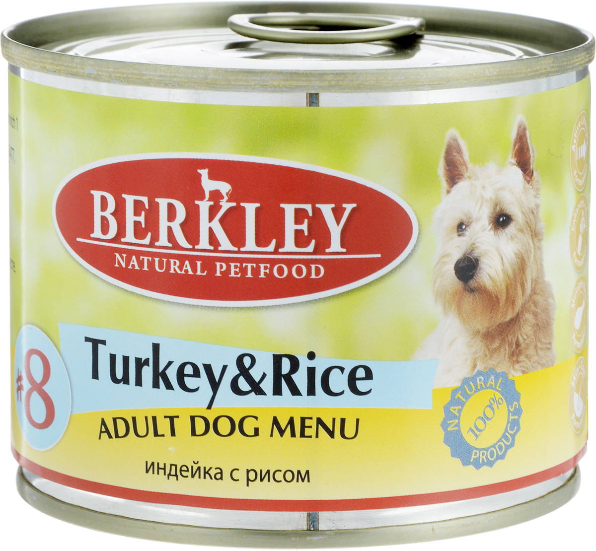 Консервы для собак Berkley №8, индейка с рисом, 200 г0120710 Консервы для собак Berkley №8, индейка с рисом, 200 г0120710Консервы Berkley №8 - полноценное консервированное питание для собак. Не содержат сои, консервантов, искусственных красителей и ароматизаторов. Корм полностью удовлетворяет ежедневные энергетические потребности животного и обеспечивает оптимальное функционирование пищеварительной системы.Товар сертифицирован.