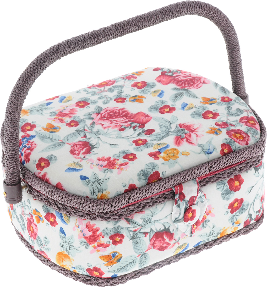 Шкатулка для рукоделия Bestex Розарий, 23 х 18,5 х 10,5 см54 009303 Шкатулка для рукоделия Bestex Розарий, 23 х 18,5 х 10,5 см54 009303Шкатулка для рукоделия Bestex Розарий, выполненная из МДФ, станет практичным решением для хранения швейных принадлежностей. Внешняя поверхность обтянута тканью с ярким рисунком, дополнена мягким наполнителем и плетением. Шкатулка закрывается с помощью хлястика на кнопку. Внутри содержится одно большое отделение, а также съемный пластиковый лоток с 2 маленькими и одной большой секцией. На внутренней стороне крышки имеется кармашек на резинке и игольница. Такая оригинальная шкатулка подойдет для хранения разных предметов рукоделия: ниток, иголок, бусин, кнопок и многого другого. Для переноски имеется удобная ручка.