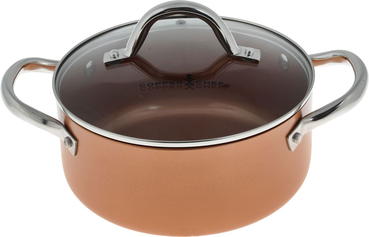Кастрюля Copper Chef с крышкой, с керамическим покрытием, 3,08 л94672 Кастрюля Copper Chef с крышкой, с керамическим покрытием, 3,08 л94672Кастрюля Copper Chef изготовлена из высококачественного алюминия с антипригарным керамическим покрытием. Благодаря керамическому покрытию пища не пригорает и не прилипает к поверхности кастрюли, что позволяет готовить с минимальным количеством масла. Кроме того, такое покрытие абсолютно безопасно для здоровья человека.Достоинства керамического покрытия: - устойчивость к высоким температурам и резким перепадам температур; - устойчивость к царапающим кухонным принадлежностям и абразивным моющим средствам; - устойчивость к коррозии; - водоотталкивающий эффект; - покрытие способствует испарению воды во время готовки; - длительный срок службы; - безопасность для окружающей среды и человека. Изделие оснащено ручками, выполненными из нержавеющей стали, и стеклянной крышкой с отверстием для выхода пара. Кастрюля подходит для использования на газовых, электрических, стеклокерамических плитах. Можно мыть в посудомоечной машине. Эксклюзивный американский бренд Copper Chef, впервые вышедший на российский рынок! При изготовлении посуды используется высокопрочное керамическое антипригарное покрытие, которое является самой современной технологией в сфере изготовления керамических покрытий. Посуда Copper Chef подойдет как шеф-повару пятизвездочного ресторана, так и простому любителю благодаря дизайну, безупречному качеству и доступной цене. Диаметр кастрюли: 20 см. Высота стенки: 9 см. Ширина кастрюли (с учетом ручек): 29 см.