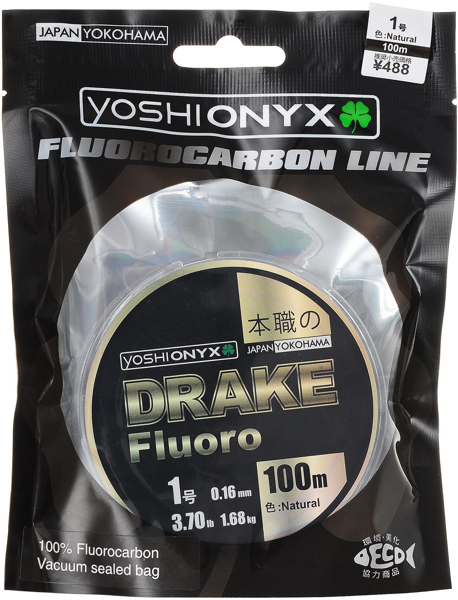Леска Yoshi Onyx Drake Fluoro, цвет: прозрачный, 100 м, 0,16 мм, 1,68 кг89484 Леска Yoshi Onyx Drake Fluoro, цвет: прозрачный, 100 м, 0,16 мм, 1,68 кг89484Леска Yoshi Onyx Drake Fluoro - это полноценная флюорокарбоновая леска, предназначенная как для намотки на шпулю катушки, так и для монтажа разнообразных оснасток. Очень мягкая и скользкая флюорокарбоновая нить с невероятной легкостью проходит по кольцам удилища, что позволяет совершать исключительно дальние и точные забросы. Флюорокарбон обладает повышенной устойчивостью к истиранию, необычайно прочен, отличается малой растяжимостью, подходит для ловли крупной рыбы в сложных условиях. Идеален для использования на бейткастинговых (мультипликаторных) катушках в сочетании с крупными, упористыми приманками. Данная серия может применяться для ловли в самых сложных и суровых условиях, в местах с большим количеством коряжника, камней и ракушек. Drake Fluoro имеет превосходную чувствительность, что крайне необходимо при ловле аккуратно клюющей рыбы. Флюорокарбон фактически не видим в водной среде, а обладая большим, чем вода, удельным весом, легко тонет, создавая потрясающий контакт с приманкой.