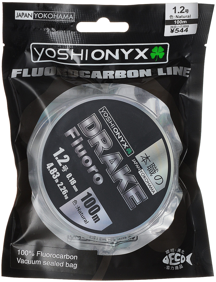 Леска Yoshi Onyx Drake Fluoro, цвет: прозрачный, 100 м, 0,18 мм, 2,26 кг89487 Леска Yoshi Onyx Drake Fluoro, цвет: прозрачный, 100 м, 0,18 мм, 2,26 кг89487Леска Yoshi Onyx Drake Fluoro - это полноценная флюорокарбоновая леска, предназначенная как для намотки на шпулю катушки, так и для монтажа разнообразных оснасток. Очень мягкая и скользкая флюорокарбоновая нить с невероятной легкостью проходит по кольцам удилища, что позволяет совершать исключительно дальние и точные забросы. Флюорокарбон обладает повышенной устойчивостью к истиранию, необычайно прочен, отличается малой растяжимостью, подходит для ловли крупной рыбы в сложных условиях. Идеален для использования на бейткастинговых (мультипликаторных) катушках в сочетании с крупными, упористыми приманками. Данная серия может применяться для ловли в самых сложных и суровых условиях, в местах с большим количеством коряжника, камней и ракушек. Drake Fluoro имеет превосходную чувствительность, что крайне необходимо при ловле аккуратно клюющей рыбы. Флюорокарбон фактически не видим в водной среде, а обладая большим, чем вода, удельным весом, легко тонет, создавая потрясающий контакт с приманкой.