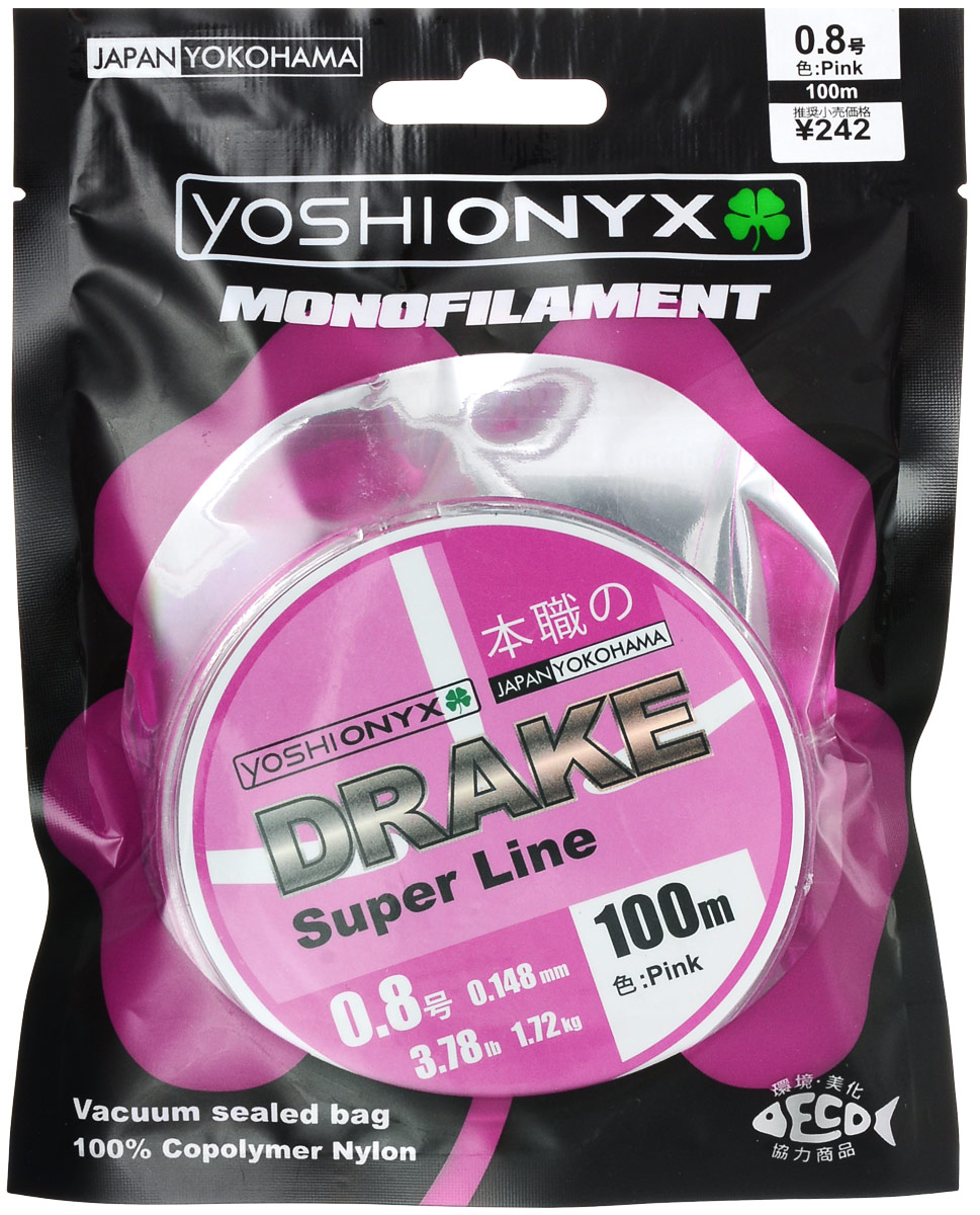 Леска Yoshi Onyx Drake Super Line, цвет: розовый, 100 м, 0,148 мм, 1,72 кг89461 Леска Yoshi Onyx Drake Super Line, цвет: розовый, 100 м, 0,148 мм, 1,72 кг89461Леска Yoshi Onyx Drake Super Line выполнена из розового монофила (нейлон). Скользкий и мягкий, этот материал невероятно прочен и отлично выдерживает разрывную нагрузку на большинстве узлов. Леска идеально подойдет для ловли осторожной рыбы, в сложных условиях, при плохой видимости и на быстром течении. Данная леска обладает повышенной устойчивостью к истиранию, прочностью и превосходной чувствительностью, имеет минимальное растяжение. Строго соответствует заявленным тестовым нагрузкам и диаметру.