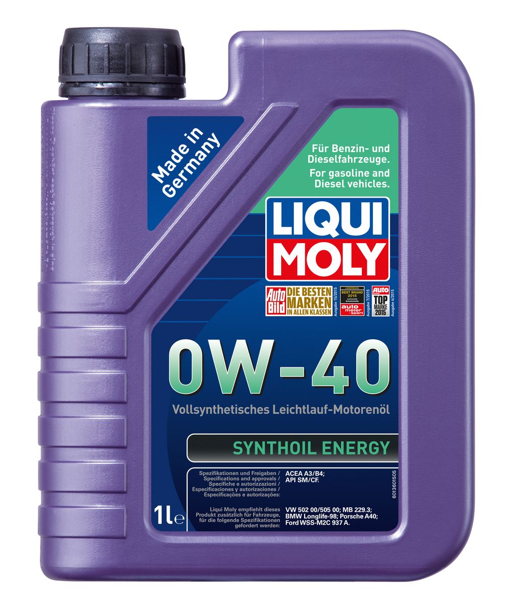 Масло моторное Liqui Moly Synthoil Energy, синтетическое, 0W-40, 1 лS03301004 Масло моторное Liqui Moly Synthoil Energy, синтетическое, 0W-40, 1 лS03301004Масло моторное Liqui Moly Synthoil Energy - 100% синтетическое универсальное моторное масло на базе полиальфаолефинов (ПАО) для большинства автомобилей, для которых требования к маслам опираются на международные классификации API и ACEA. Класс вязкости 0W-40 моторного масла на ПАО-базе оптимален для эксплуатации в холодных условиях, обеспечивая уверенный пуск двигателя даже в сильный мороз и высокий уровень защиты. Использование современных полностью синтетических базовых масел (ПАО) и передовых технологий в области разработок присадок гарантирует низкую вязкость масла при низких температурах, высокую надежность масляной пленки. Моторные масла линейки Synthoil предотвращают образование отложений в двигателе, снижают трение и надежно защищают от износа. Особенности: - Отличные пусковые свойства в мороз- Быстрое поступление масла ко всем деталям двигателя при низких температурах- Высокая смазывающая способность- Замечательная термоокислительная стабильность и устойчивость к старению- Оптимальная чистота двигателя- Протестировано и совместимо с катализаторами и турбонаддувом- Высокая стабильность при высоких температурах- Очень низкий расход маслаДопуск: -API: CF/SM-ACEA: A3/B4