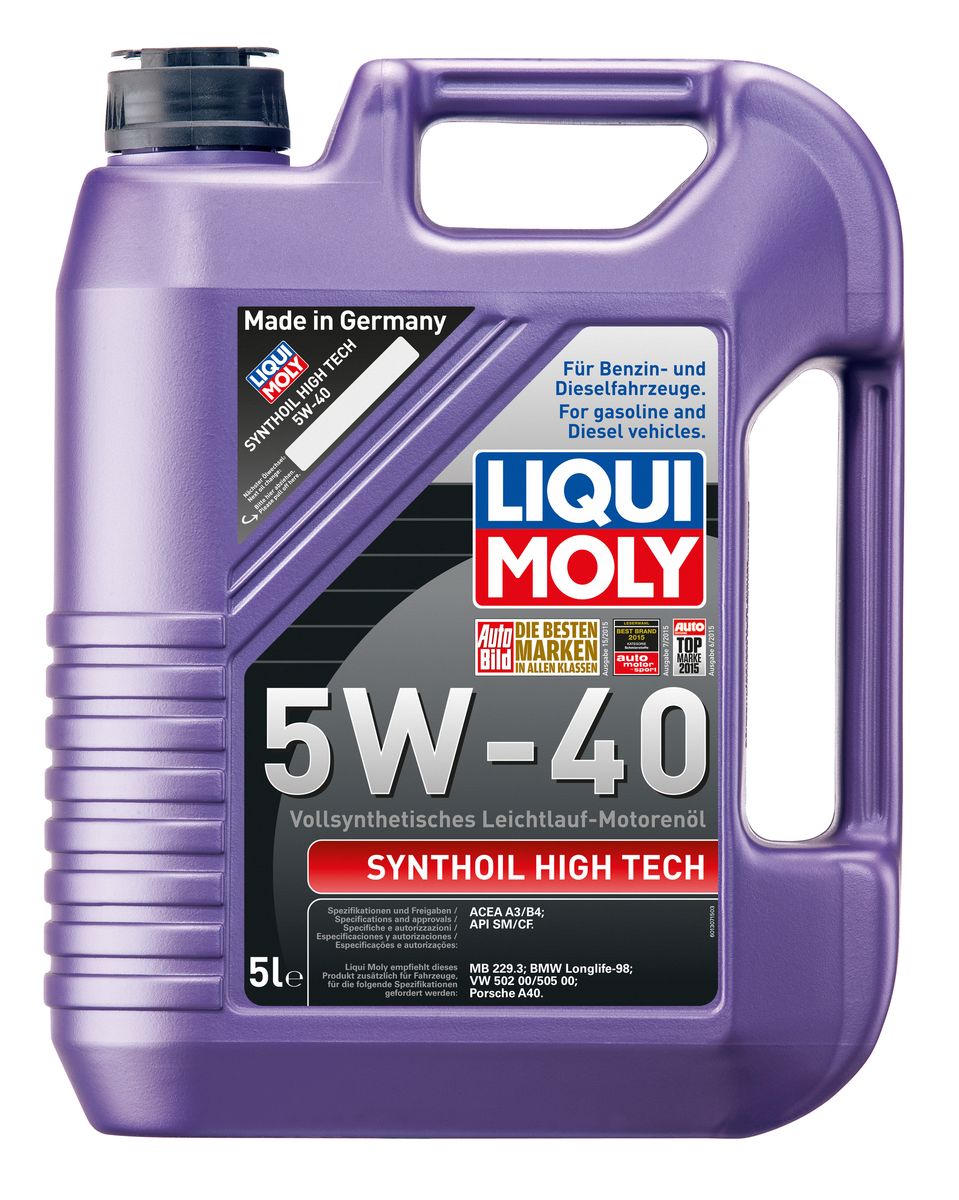 Масло моторное Liqui Moly Synthoil High Tech, синтетическое, 5W-40, 5 лS03301004 Масло моторное Liqui Moly Synthoil High Tech, синтетическое, 5W-40, 5 лS03301004Масло моторное Liqui Moly Synthoil High Tech - 100% синтетическое универсальное моторное масло на базе полиальфаолефинов (ПАО) для большинства автомобилей, для которых требования к маслам опираются на международные классификации API и ACEA. За счет оптимальной вязкости масло надежно защищает форсированные многоклапанные двигатели. Использование современных, полностью синтетических базовых масел (ПАО) и передовых технологий в области разработок присадок гарантирует низкую вязкость масла при низких температурах, высокую надежность масляной пленки. Моторные масла линейки Synthoil предотвращают образование отложений в двигателе, снижают трение и надежно защищают от износа. Особенности: - Быстрое поступление масла ко всем деталям двигателя при низких температурах- Высокая смазывающая способность- Замечательная термоокислительная стабильность и устойчивость к старению- Оптимальная чистота двигателя- Протестировано и совместимо с катализаторами и турбонаддувом- Высокая стабильность при высоких температурах- Очень низкий расход маслаДопуск: -API: CF/SM-ACEA: A3/B4