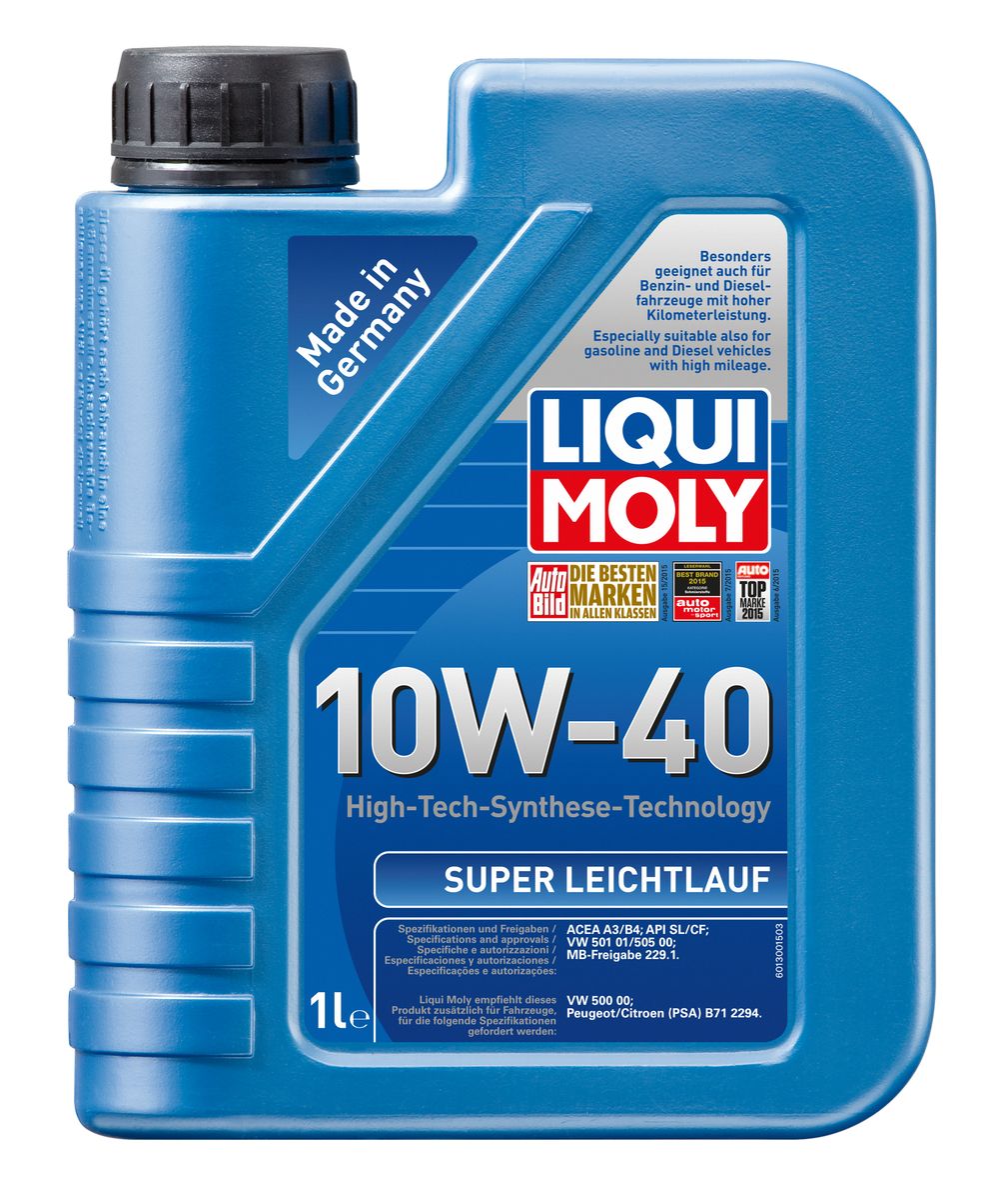 Масло моторное Liqui Moly Super Leichtlauf, НС-синтетическое, 10W-40, 1 лS03301004 Масло моторное Liqui Moly Super Leichtlauf, НС-синтетическое, 10W-40, 1 лS03301004Масло моторное Liqui Moly Super Leichtlauf - универсальное моторное масло на базе гидрокрекинговой технологии синтеза (HC-синтеза). Удовлетворяет современным требованиям международных стандартов API и ACEA, а также имеет оригинальные допуски таких производителей, как Mercedes-Benz, Volkswagen Group. Масло имеет высокую стабильность к окислению и угару, поэтому может использоваться в нагруженных бензиновых и дизельных двигателях с турбонаддувом и интеркулером. В моторном масле Leichtlauf Super 10W-40 используются базовые компоненты, произведенные по новейшим технологиям синтеза и отличающиеся высочайшими защитными свойствами. Масло содержит современный пакет присадок, который обеспечивает высокий уровень защиты от износа и гарантирует стабильное поступление масла ко всем деталям двигателя. Особенности: - Высокая стабильность масляной пленки при высоких и низких температурах- Высокие противоизносные свойства- Обеспечивает оптимальную чистоту двигателя- Протестировано на совместимость с турбированными двигателями и катализаторомДопуск: -API: SL/CF-ACEA: A3/B4-MB: 229.1-VW: 501 01/505 00