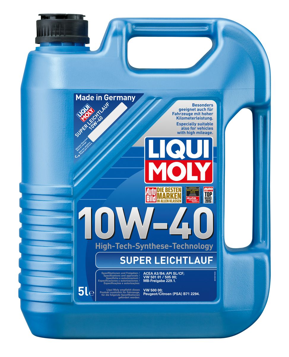 Масло моторное Liqui Moly Super Leichtlauf, НС-синтетическое, 10W-40, 5 лS03301004 Масло моторное Liqui Moly Super Leichtlauf, НС-синтетическое, 10W-40, 5 лS03301004Масло моторное Liqui Moly Super Leichtlauf - универсальное моторное масло на базе гидрокрекинговой технологии синтеза (HC-синтеза). Удовлетворяет современным требованиям международных стандартов API и ACEA, а также имеет оригинальные допуски таких производителей, как Mercedes-Benz, Volkswagen Group. Масло имеет высокую стабильность к окислению и угару, поэтому может использоваться в нагруженных бензиновых и дизельных двигателях с турбонаддувом и интеркулером. В моторном масле Leichtlauf Super 10W-40 используются базовые компоненты, произведенные по новейшим технологиям синтеза и отличающиеся высочайшими защитными свойствами. Масло содержит современный пакет присадок, который обеспечивает высокий уровень защиты от износа и гарантирует стабильное поступление масла ко всем деталям двигателя. Особенности: - Высокая стабильность масляной пленки при высоких и низких температурах- Высокие противоизносные свойства- Обеспечивает оптимальную чистоту двигателя- Протестировано на совместимость с турбированными двигателями и катализаторомДопуск: -API: SL/CF-ACEA: A3/B4-MB: 229.1-VW: 501 01/505 00