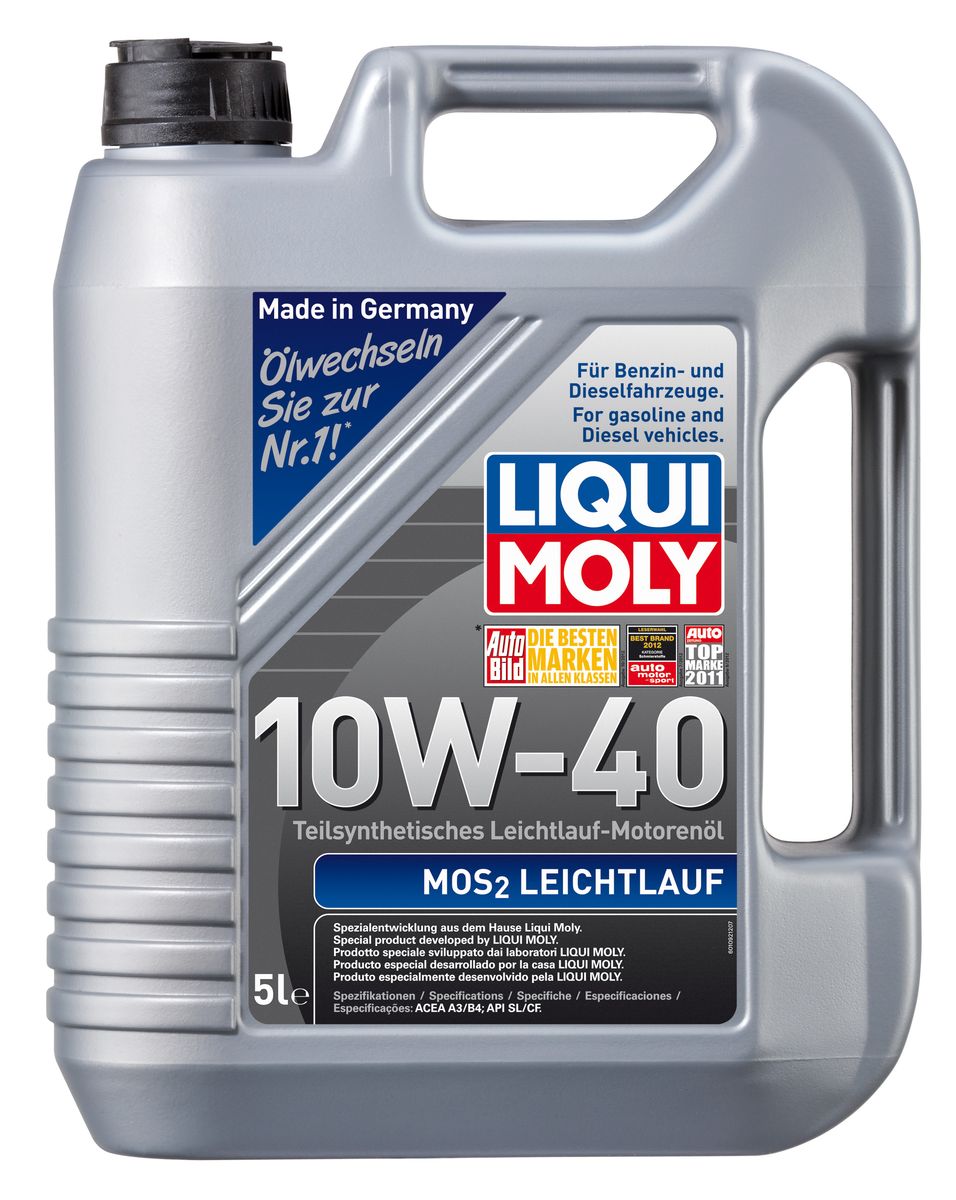 Масло моторное Liqui Moly MoS2 Leichtlauf, полусинтетическое, 10W-40, 5 лкн12-60авц Масло моторное Liqui Moly MoS2 Leichtlauf, полусинтетическое, 10W-40, 5 лкн12-60авцМасло моторное Liqui Moly MoS2 Leichtlauf - полусинтетическое моторное масло с добавлением дисульфида молибдена - визитной карточки компании Liqui Moly, эффективность рецептуры которой проверена десятилетиями. Масло предназначено для бензиновых и дизельных двигателей (в том числе для турбомоторов) новых автомобилей (без специальных требований к маслу от автопроизводителей), а также для подержанных автомобилей с большим пробегом, которые эксплуатируются в жестких условиях. В моторном масле используются синтетические и минеральные базовые компоненты, отличающиеся высокими защитными свойствами. Оптимальное содержание присадок, а также смазывающего материала обеспечивает отличные смазывающие свойства масла при самых критических нагрузках и длительных интервалах смены масла. Особенности: - Очень высокий уровень защиты от износа- Надежное поступление масла к деталям двигателя во всем диапазоне рабочих температур- Очень низкий расход масла- Отличная чистота двигателя- Проверено на системах с турбинами, компрессорами и катализаторамиСоответствие:- API: CF/SL- ACEA: A3/B4