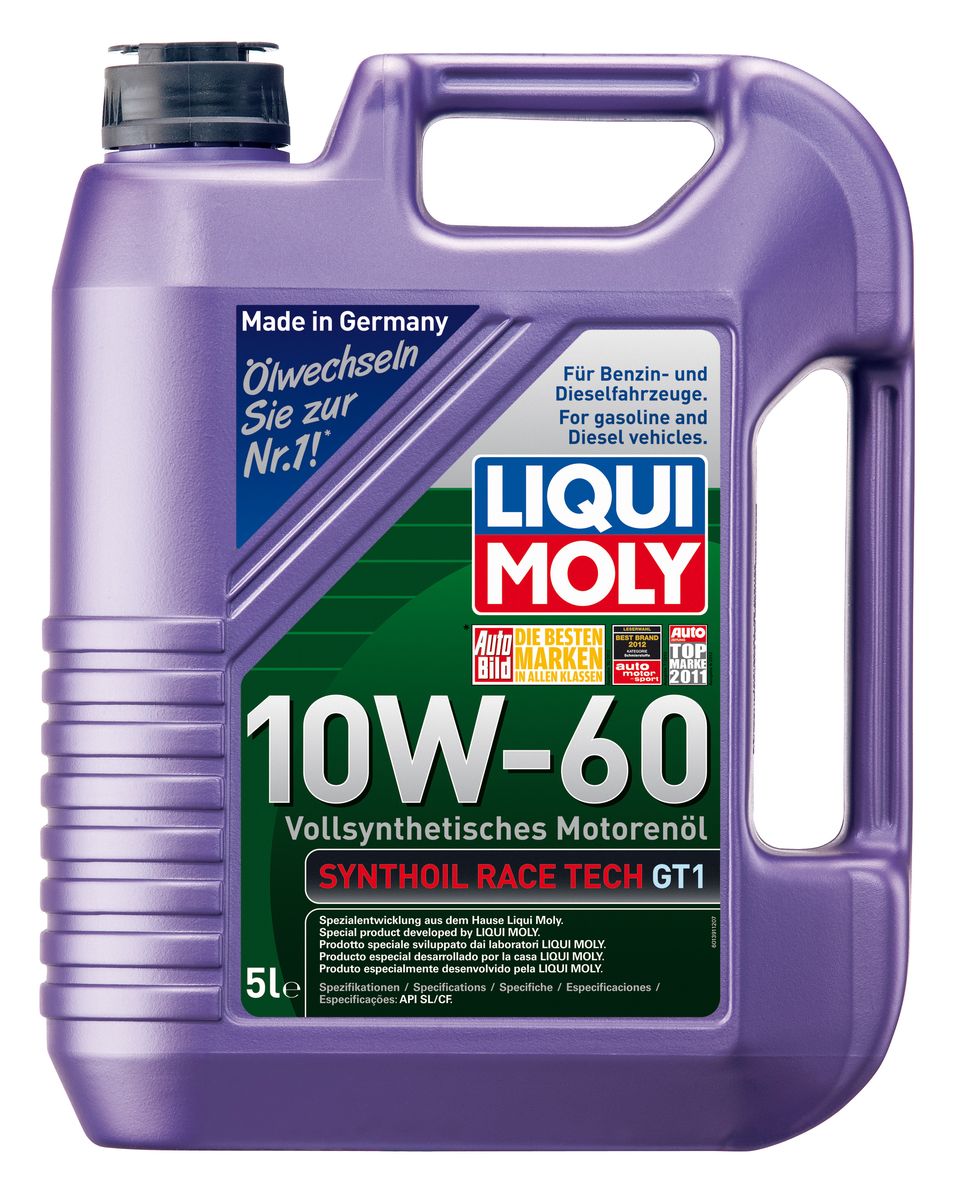 Масло моторное Liqui Moly Synthoil Race Tech GT1, синтетическое, 10W-60, 5 лS03301004 Масло моторное Liqui Moly Synthoil Race Tech GT1, синтетическое, 10W-60, 5 лS03301004Масло моторное Liqui Moly Synthoil Race Tech GT1 - 100% синтетическое моторное масло на базе полиальфаолефинов (ПАО) для спортивных автомобилей со специально подготовленными моторами. Свойства ПАО-синтетики и высокая вязкость позволяют обеспечить необходимую смазку и защиту деталей двигателя в условиях экстремальных нагрузок на двигатель, характерных для спорта. Использование новейших, полностью синтетических компонентов базового масла и специальных технологий в области создания присадок формирует на поверхностях деталей прочнейшую смазочную пленку, которая гарантирует непревзойденную защиту всех деталей двигателя, в том числе от пиковых перегрузок и разрушительного воздействия высоких температур. Особенности: - Высочайшая стабильность к экстремально высоким рабочим температурам- Чрезвычайно малые потери масла на испарение- Надежное поступление масла ко всем деталям двигателя даже в экстремальных условиях автогонок- Высочайшие защитные свойства- Превосходная термоокислительная стабильность и устойчивость к старению- Отличные показатели чистоты двигателя- Создано специально для высокофорсированных и турбированных двигателей спортивных автомобилейДопуск: -API: CF/SL-ACEA: A3/B4Соответствие: -Fiat: 9.55535-H3