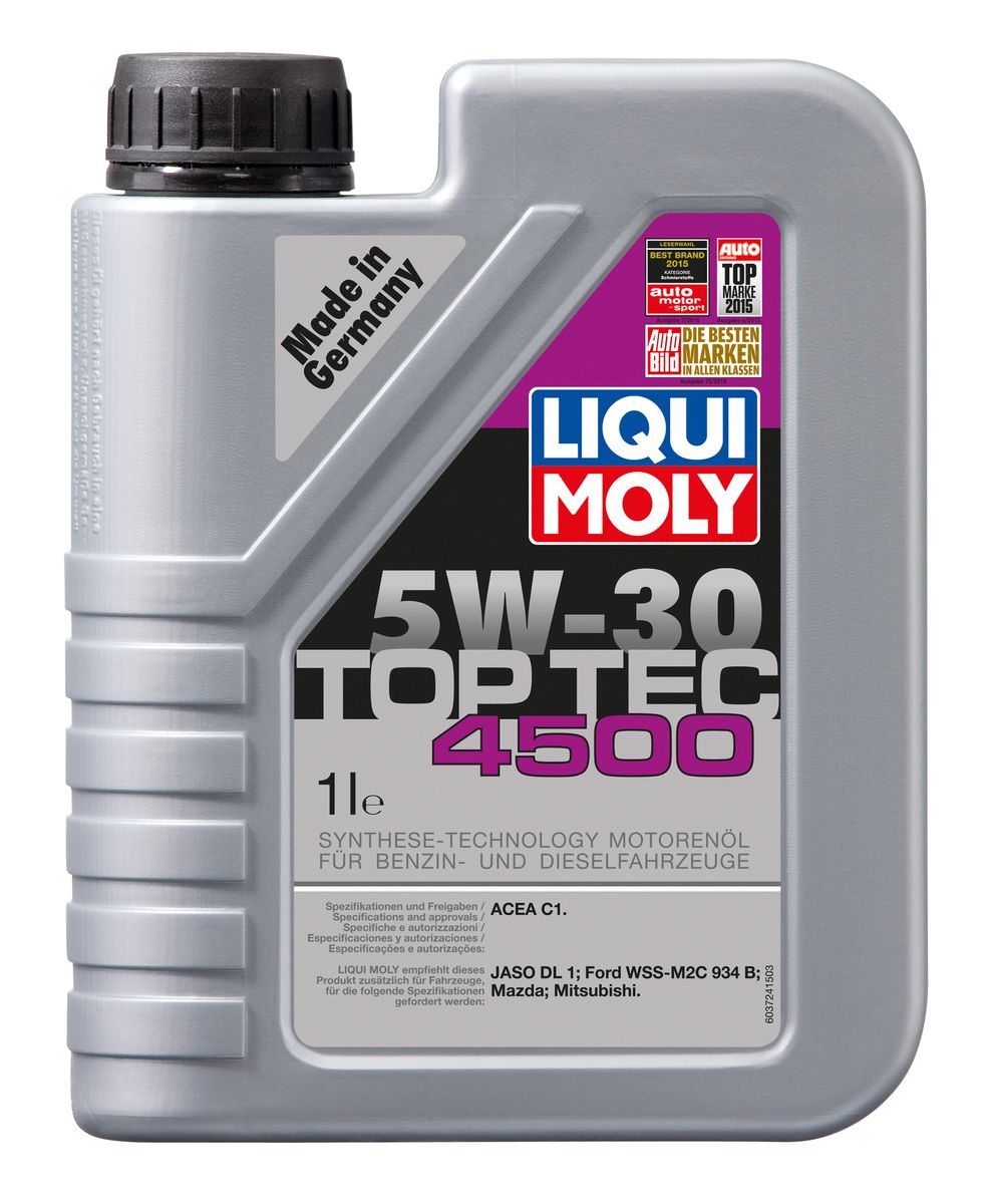 Масло моторное Liqui Moly Top Tec 4500, НС-синтетическое, 5W-30, 1 лS03301004 Масло моторное Liqui Moly Top Tec 4500, НС-синтетическое, 5W-30, 1 лS03301004Масло моторное Liqui Moly Top Tec 4500 соответствует самым современным требованиям Ford, Mazda и Mitsubishi. Особо рекомендуется для дизельныx двигателей с DPF Ford; Jaguar; Mazda (кроме Mazda 3 1,6 DPF); Land Rover с 2009 модельного года; Mitsubishi Pajero 3.2 DID с 2007 модельного года. HC-синтетическое малозольное (Low SAPS) моторное масло для круглогодичного использования в бензиновых и дизельных двигателях легковых автомобилей. Рекомендуется для современных дизельных двигателей с многоступенчатым катализатором и сажевым фильтром (DPF). Отлично подходит для использования в автомобилях, переоборудованных под использование природного и сжиженного газа (CNG/LPG). Имеет специальные допуски Mitsubishi, Mazda, Ford. В моторных маслах Top Tec используются базовые компоненты, произведенные по новейшим технологиям синтеза и отличающиеся высочайшими защитными свойствами. Масла содержат специальный пакет присадок с пониженным содержанием соединений серы, фосфора и хлора, что обеспечивает совместимость со специфическими системами нейтрализации и обеспечивает минимальные выбросы вредных веществ. Особенности: - Сокращает вредные выбросы- Совместимо с новейшими системами нейтрализации выхлопных газов- Быстрое поступление масла к трущимся деталям при низких температурах- Высокая защита двигателя от износа- Обеспечивает чистоту двигателяДопуск: -ACEA: C1