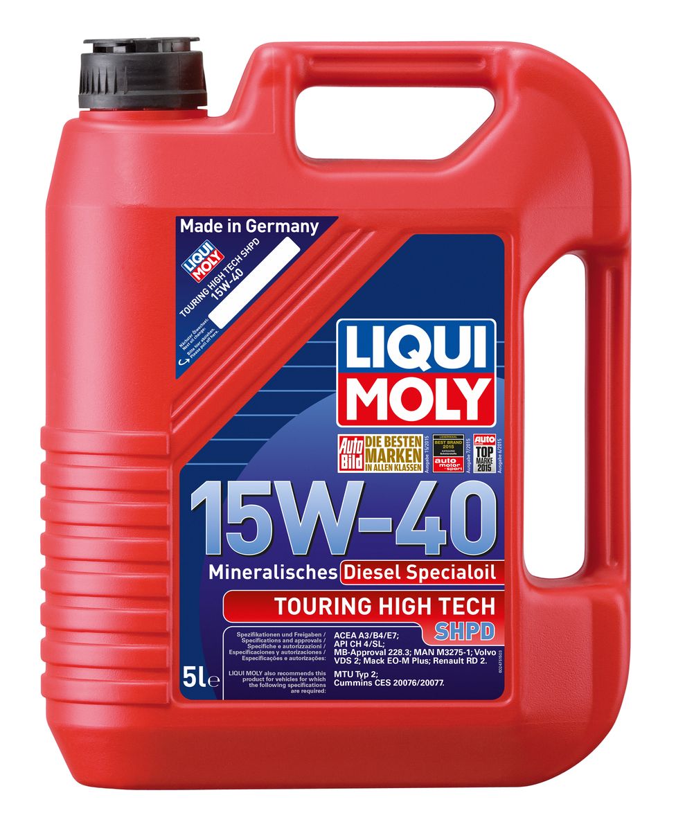 Масло моторное Liqui Moly Touring High Tech SHPD-Motoroil Basic, минеральное, 15W-40, 5 лS03301004 Масло моторное Liqui Moly Touring High Tech SHPD-Motoroil Basic, минеральное, 15W-40, 5 лS03301004Масло моторное Liqui Moly Touring High Tech SHPD-Motoroil Basic отвечает требованиям международных классификаций моторных масел как для дизельных, так и для бензиновых двигателей. Отлично подходит для дизельных двигателей тяжелой техники европейских производителей, а также новейших поколений российских грузовиков. Минеральное моторное масло для использования смешанных парков техники, рассчитанной на использование универсальных масел. Масло гарантирует надежную защиту от износа. В моторных маслах Touring High Tech используются отборные минеральные базовые масла, отличающиеся отличными защитными свойствами. Масла содержат специальный пакет присадок, что обеспечивает возможность применения как в дизельных, так и в бензиновых двигателях. Особенности: - Применимо для смешанных парков техники- Надежная защита двигателя от износа- Обеспечивает чистоту двигателяБлагодаря соответствию требованиям как для дизельных, так и для бензиновых двигателей обеспечивает максимальную универсальность применения. Допуск: -API: CH-4/SL-ACEA: A3/B4/B4/E7-Mack: EO-M Plus-MAN: M 3275-1-MB: 228.3-MTU: Typ 2-Renault: RD-2-Volvo: VDS-2