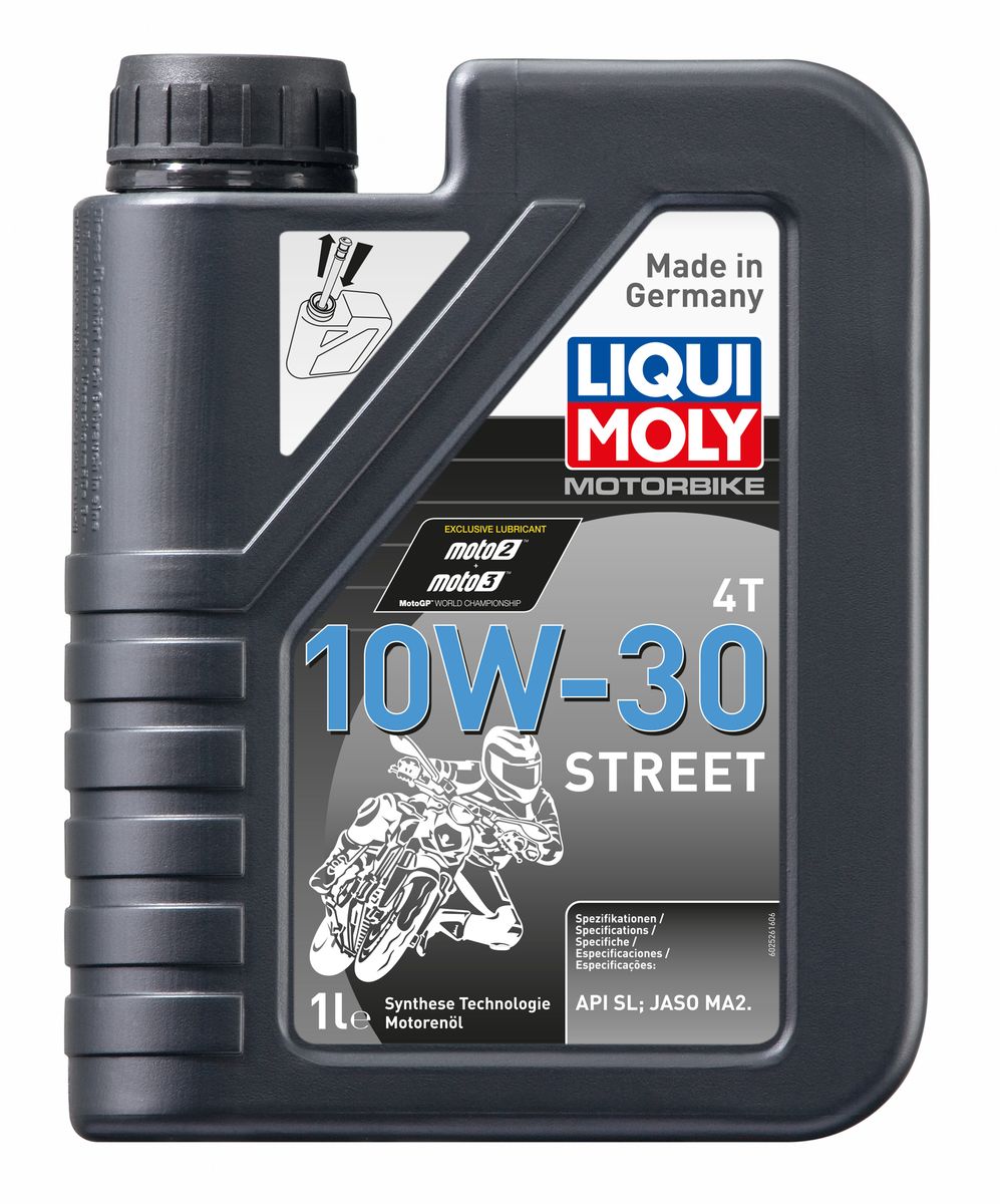 Масло моторное Liqui Moly Motorbike 4T Street, НС-синтетическое, 10W-30, 1 лS03301004 Масло моторное Liqui Moly Motorbike 4T Street, НС-синтетическое, 10W-30, 1 лS03301004Масло моторное Liqui Moly Motorbike 4T Street предназначено для эксплуатации шоссейной мототехники на дорогах общего пользования. Преимущественно для японской мототехники с 2010 года выпуска. Для высоконагруженных мотоциклетных двигателей с мокрым и сухим сцеплением, воздушного и водяного охлаждения. Использована НС-синтетическая базовая основа, сочетающая отличные противоизносные свойства с высоким индексом вязкости. Современный класс вязкости гарантирует сниженный расход топлива в сочетании с повышением мощности двигателя. Современный пакет присадок обеспечивает отменную совместимость с фрикционными материалами и оптимальное смазывание как двигателя, так и коробки передач мототехники. Масло устойчиво к высоким оборотам двигателя, отлично прокачивается. Всесезонное. НС-синтетическая базовая основа в сочетании с современными присадками обеспечивает: - оптимальное давление в системе смазки, - стабильное смазывание двигателя и КПП, - отличную стойкость к высоким оборотам, - высокую защиту двигателя от износа, - снижение шума в работе агрегатов, - легкий запуск двигателя, - длительный срок службы масла. Допуск:- API: SL- JASO: MA2