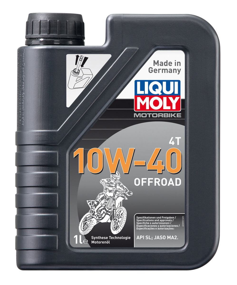 Масло моторное Liqui Moly Motorbike 4T Offroad, НС-синтетическое, 10W-40, 1 лS03301004 Масло моторное Liqui Moly Motorbike 4T Offroad, НС-синтетическое, 10W-40, 1 лS03301004Масло моторное Liqui Moly Motorbike 4T Offroad предназначено для эксплуатации разнообразной мототехники на бездорожье. Универсального применения. Для высоконагруженных мотоциклетных двигателей с мокрым и сухим сцеплением, воздушного и водяного охлаждения. Использована НС-синтетическая базовая основа, сочетающая отличные противоизносные свойства с высоким индексом вязкости. Современный пакет присадок обеспечивает отменную совместимость с фрикционными материалами и оптимальное смазывание как двигателя, так и коробки передач мототехники. Стойко к тяжелым условиям: перегреву, попаданию воды, пыли. Всесезонное. НС-синтетическая базовая основа в сочетании с современными присадками обеспечивает: - оптимальное давление в системе смазки; - стабильное смазывание двигателя и КПП; - отличную стойкость к высоким температурам, попаданию воды и пыли; - высокую защиту двигателя от износа; - снижение шума в работе агрегатов; - легкий запуск двигателя; - длительный срок службы масла. Использование моторного масла Motorbike 4T 10W-40 Offroad позволяет обеспечить высокую надежность стандартных мотоциклетных двигателей в условиях бездорожья. Применимо в подавляющем большинстве двигателей кроссовых и эндуро мотоциклов, квадроциклов, SxS, снегоходов различных производителей и годов выпуска. Смешивается со всеми стандартными маслами.Допуск: - API: SL- JASO: MA2