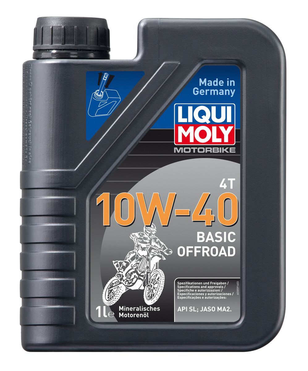 Масло моторное Liqui Moly Motorbike 4T Basic Offroad, минеральное, 10W-40, 1 лS03301004 Масло моторное Liqui Moly Motorbike 4T Basic Offroad, минеральное, 10W-40, 1 лS03301004Масло моторное Liqui Moly Motorbike 4T Basic Offroad предназначено для эксплуатации разнообразной мототехники на бездорожье. Универсального применения, оптимально для сервисного использования. Для высоконагруженных мотоциклетных двигателей с мокрым и сухим сцеплением, воздушного и водяного охлаждения. Используется высококачественная минеральная базовая основа. Современный пакет присадок обеспечивает совместимость с фрикционными материалами и оптимальное смазывание как двигателя, так и коробки передач мототехники. Стойко к тяжелым условиям: перегреву, попаданию воды, пыли. Всесезонное. Минеральная базовая основа в сочетании с современными присадками обеспечивает: - стабильное давление в системе смазки; - эффективное смазывание двигателя и КПП; - высокую стойкость к высоким температурам, попаданию воды и пыли; - защиту двигателя и КПП от износа; - универсальность применения; - стандартный срок службы масла. Использование моторного масла Motorbike 4T 10W-40 Basic Offroad позволяет обеспечить надежность стандартных мотоциклетных двигателей в условиях эксплуатации на дорогах общего пользования. Применимо в подавляющем большинстве двигателей шоссейных мотоциклов различных производителей и годов выпуска как единый продукт на весь парк техники. Смешивается со всеми стандартными маслами. Допуск:- API: SL- JASO: MA2