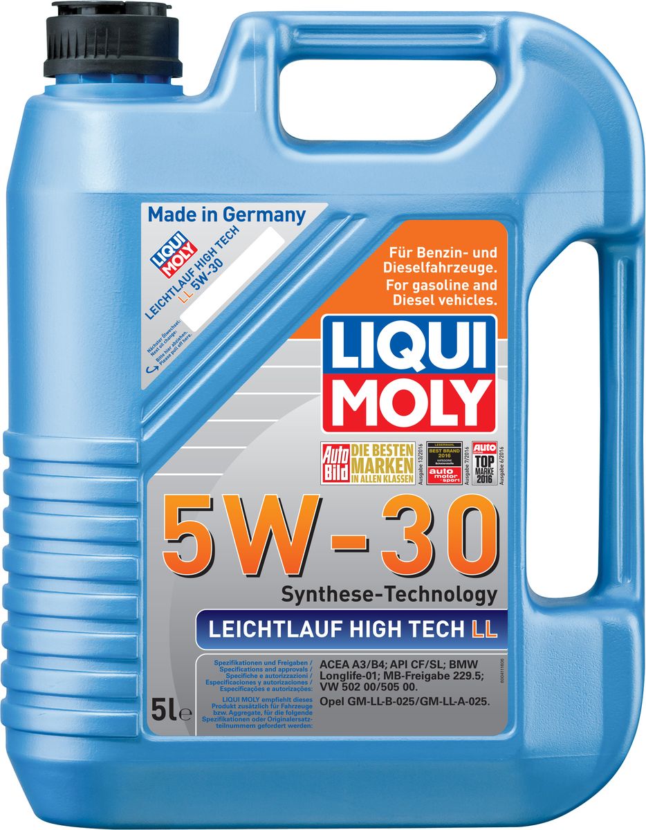Масло моторное Liqui Moly Leichtlauf High Tech LL, НС-синтетическое, 5W-30, 5 л2706 (ПО) Масло моторное Liqui Moly Leichtlauf High Tech LL, НС-синтетическое, 5W-30, 5 л2706 (ПО)Масло моторное Liqui Moly Leichtlauf High Tech LL - универсальное моторное масло на базе гидрокрекинговой технологии синтеза (HC-синтеза). Удовлетворяет современным требованиям международных стандартов API и ACEA, а также имеет оригинальные допуски таких производителей, как Mercedes-Benz, BMW, Volkswagen Group, Ford. Отлично подходит для двигателей с турбонаддувом, катализаторами и под высокие интервалы замены. Масло обладает популярнейшим классом вязкости для современных автомобилей. Особенности: - быстро смазывает,- снижает трение и износ, - оптимальное давление масла при всех условиях применения,- гарантирует высокий ресурс,- снижает потребление топлива- снижает потребление масла- проверено на катализаторах и турбонагнетателях,- пригодно к смешиванию с аналогичными моторными маслами,- гарантировано чистый двигатель.Масло обладает высокой надежностью и ресурсом, поддерживает двигатель в чистоте, что обеспечивает надежную эксплуатацию и увеличение ресурса двигателя.Допуск:- API: CF/SL- ACEA: A3/B4- BMW: Longlife-01- MB: 229.5- VW: 502 00/505 00Соответствие:- Opel: GM-LL-A025/GM-LL-B025