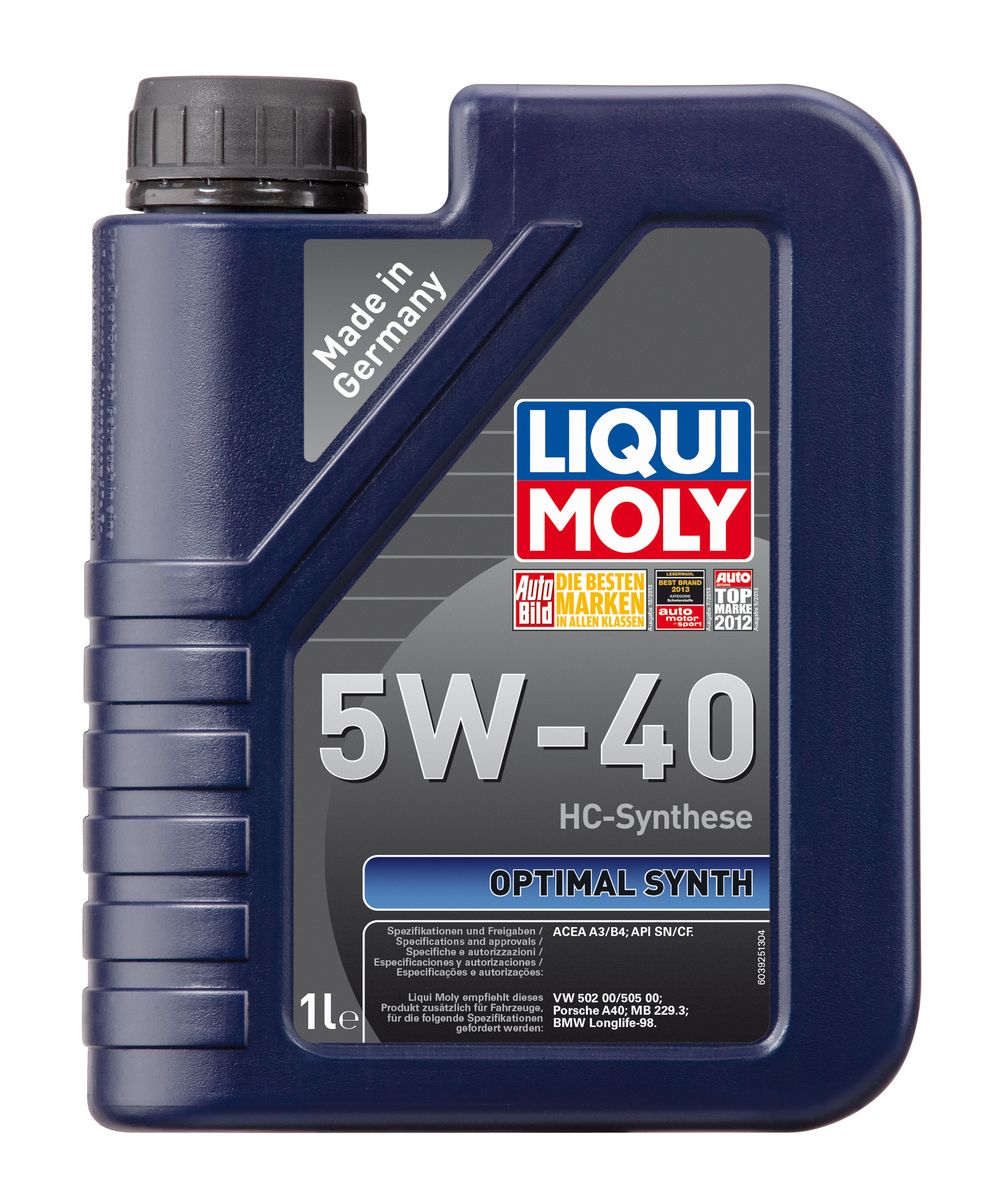 Масло моторное Liqui Moly Optimal Synth, НС-синтетическое, 5W-40, 1 лS03301004 Масло моторное Liqui Moly Optimal Synth, НС-синтетическое, 5W-40, 1 лS03301004Масло моторное Liqui Moly Optimal Synth - это HC-синтетическое моторное масло с адаптированным для российских условий пакетом присадок. Благодаря новейшим технологиям синтеза и вязкости 5W-40 масло обеспечивает высокий уровень защиты и оптимальное смазывание деталей двигателя. Масло удовлетворяет современным международным стандартам API/ACEA. Масло создано на основе базовых компонентов, произведенных по технологии HC-синтеза, с учетом самых высоких требований, предъявляемых современными и мощными бензиновыми и дизельными двигателями. Оно обеспечивает отличную смазку при любых условиях эксплуатации. Одновременно снижается до минимума трение, в результате чего уменьшается расход топлива. Особенности: - Быстрое поступление масла к деталям двигателя при низких температурах- Надежная защита от износа- Низкий расход масла- Оптимальная чистота двигателя- Экономия топлива и снижение вредных выбросов- Проверено на турбированных двигателях и катализаторе