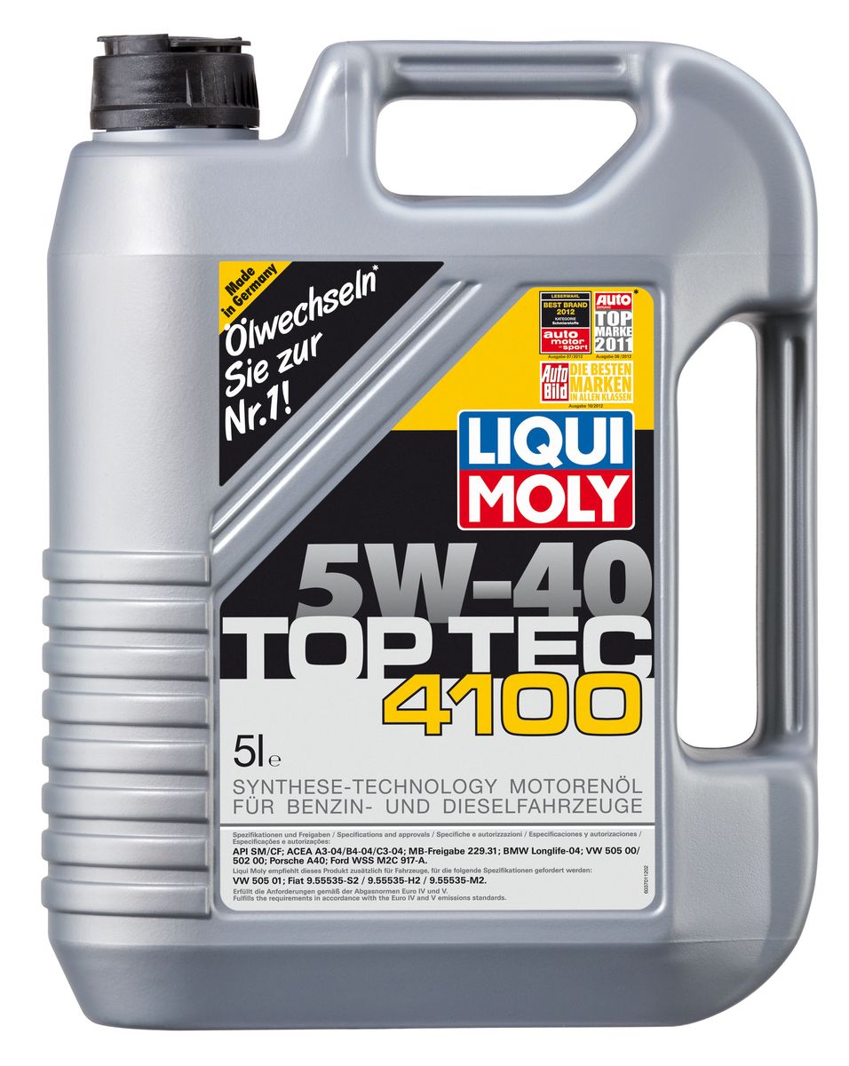 Масло моторное Liqui Moly Top Tec 4100, НС-синтетическое, 5W-40, 5 лкн12-60авц Масло моторное Liqui Moly Top Tec 4100, НС-синтетическое, 5W-40, 5 лкн12-60авцМасло моторное Liqui Moly Top Tec 4100 рекомендуется для бензиновых и дизельных двигателей Mercedes-Benz, BMW, Ford (насос-форсуночные дизели), Honda, Fiat, для всех Porsche с оригинальными двигателями. HC-синтетическое малозольное (Mid SAPS) моторное масло для бензиновых и дизельных двигателей легковых автомобилей, оснащенных двойной системой нейтрализации отработавших газов (в том числе DPF). Соответствует экологическим нормам EURO 4 и выше. Отлично подходит при использовании природного и сжиженного газа (CNG/LPG). В моторных маслах Top Tec используются базовые компоненты, произведенные по новейшим технологиям синтеза и отличающиеся высочайшими защитными свойствами. Масла содержат специальный пакет присадок с пониженным содержанием соединений серы, фосфора и хлора, что обеспечивает совместимость со специфическими системами нейтрализации и обеспечивает минимальные выбросы вредных веществ. Особенности: - Сокращает вредные выбросы- Совместимо с новейшими системами нейтрализации выхлопных газов- Быстрое поступление масла к трущимся деталям при низких температурах- Высокая защита двигателя от износа- Обеспечивает чистоту двигателяИспользование моторного масла Top Tec 4100 позволяет обеспечить высокую надежность эксплуатации двигателя и увеличение срока службы современных дорогостоящих каталитических нейтрализаторов и сажевых фильтров. Благодаря наличию оригинальных допусков производителей автомобилей, использование данного масла позволяет сохранить все гарантийные условия при прохождении ТО. Допуск: -API: CF/SM-ACEA: C3-BMW: Longlife-04-Ford: WSS-M2C917-A-MB: 229.31-Porsche: A40-VW: 502 00/505 00/505 01Соответствие: -ACEA: A3/B4-Fiat: 9.55535-H2/9.55535-M2/9.55535-S2-Renault: RN 0700/RN 0710