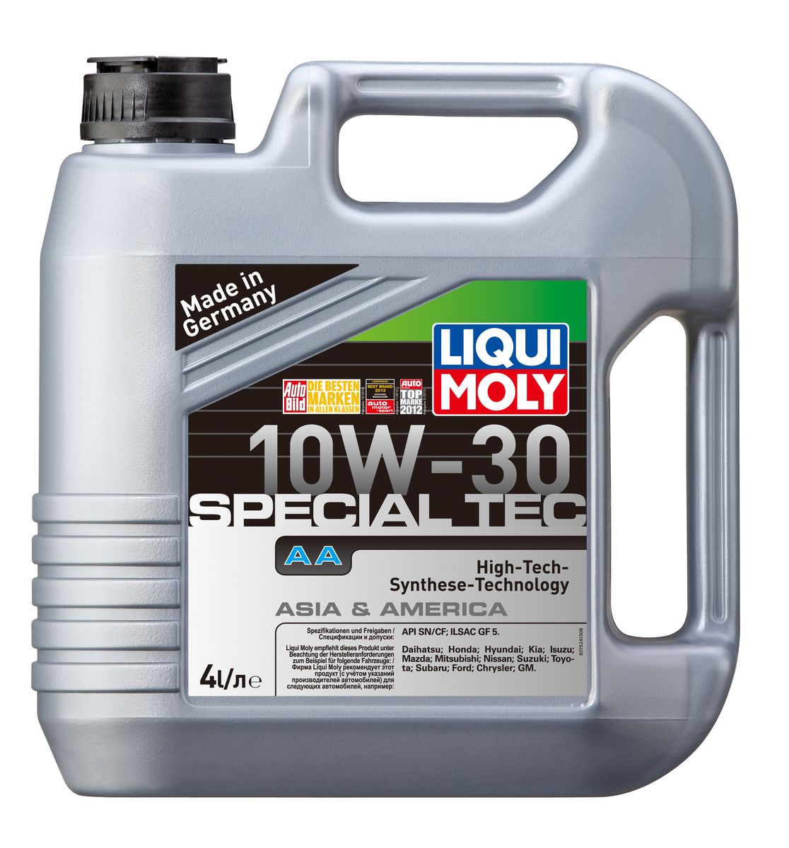 Масло моторное Liqui Moly Special Tec AA, НС-синтетическое, 10W-30, 4 лS03301004 Масло моторное Liqui Moly Special Tec AA, НС-синтетическое, 10W-30, 4 лS03301004Масло моторное Liqui Moly Special Tec AA рекомендуется для автомобилей Honda, Mazda, Mitsubishi, Nissan, Daihatsu, Hyundai, Kia, Isuzu, Suzuki, Toyota, Subaru, Ford, Chrysler, GM. Современное HC-синтетическое энергосберегающее моторное масло специально предназначено для всесезонного использования в большинстве двигателей современных американских и азиатских бензиновых автомобилей. Также подходит для двигателей предыдущих поколений автомобилей. Базовые масла, полученные по технологии синтеза, и новейшие присадки составляют рецептуру моторного масла с отменной защитой от износа, снижающего расход топлива и масла, обеспечивающего чистоту двигателя. Особенности: - Высочайшие показатели топливной экономии- Сокращает эмиссию выхлопных газов- Отличная чистота двигателя- Совместимо с новейшими системами нейтрализации отработавших газов бензиновых двигателей- Высокая защита от износа и надежность смазывания- Очень низкие потери масла на испарениеМоторное масло Special Tec АА 10W-30 соответствует специальным требованиям азиатских и американских производителей, поэтому его использование позволяет сохранить все гарантийные условия при прохождении ТО соответствующих автомобилей. Допуск: - API: SN/SF- ILSAC: GF-5