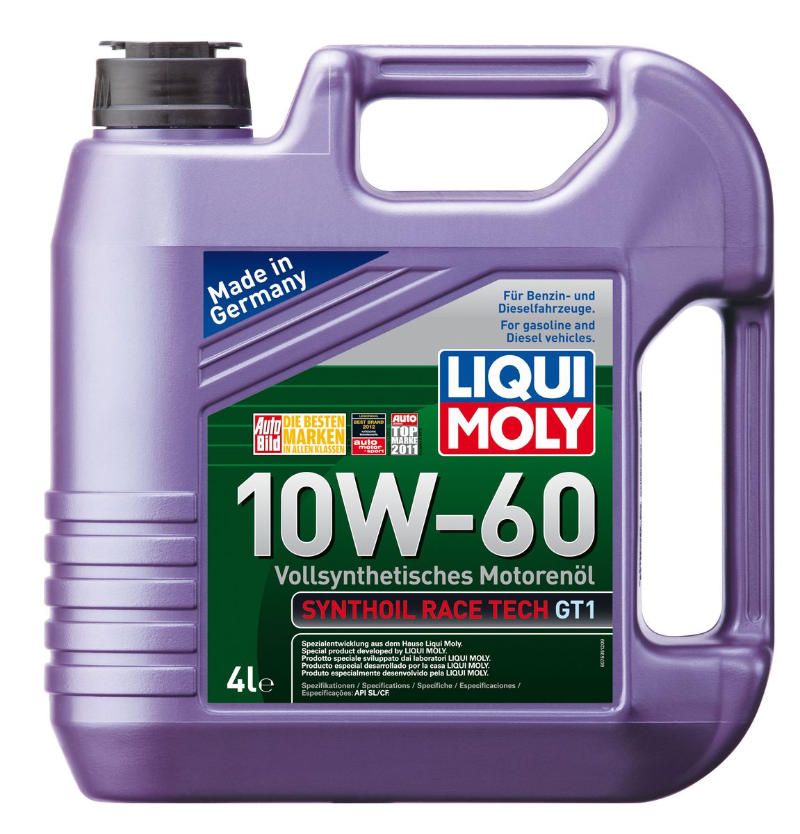 Масло моторное Liqui Moly Synthoil Race Tech GT1, синтетическое, 10W-60, 4 лкн12-60авц Масло моторное Liqui Moly Synthoil Race Tech GT1, синтетическое, 10W-60, 4 лкн12-60авцМасло моторное Liqui Moly Synthoil Race Tech GT1 - 100% синтетическое моторное масло на базе полиальфаолефинов (ПАО) для спортивных автомобилей со специально подготовленными моторами. Свойства ПАО-синтетики и высокая вязкость позволяют обеспечить необходимую смазку и защиту деталей двигателя в условиях экстремальных нагрузок на двигатель, характерных для спорта. Использование новейших, полностью синтетических компонентов базового масла и специальных технологий в области создания присадок формирует на поверхностях деталей прочнейшую смазочную пленку, которая гарантирует непревзойденную защиту всех деталей двигателя, в том числе от пиковых перегрузок и разрушительного воздействия высоких температур. Особенности: - Высочайшая стабильность к экстремально высоким рабочим температурам- Чрезвычайно малые потери масла на испарение- Надежное поступление масла ко всем деталям двигателя даже в экстремальных условиях автогонок- Высочайшие защитные свойства- Превосходная термоокислительная стабильность и устойчивость к старению- Отличные показатели чистоты двигателя- Создано специально для высокофорсированных и турбированных двигателей спортивных автомобилейДопуск: -API: CF/SL-ACEA: A3/B4Соответствие: -Fiat: 9.55535-H3