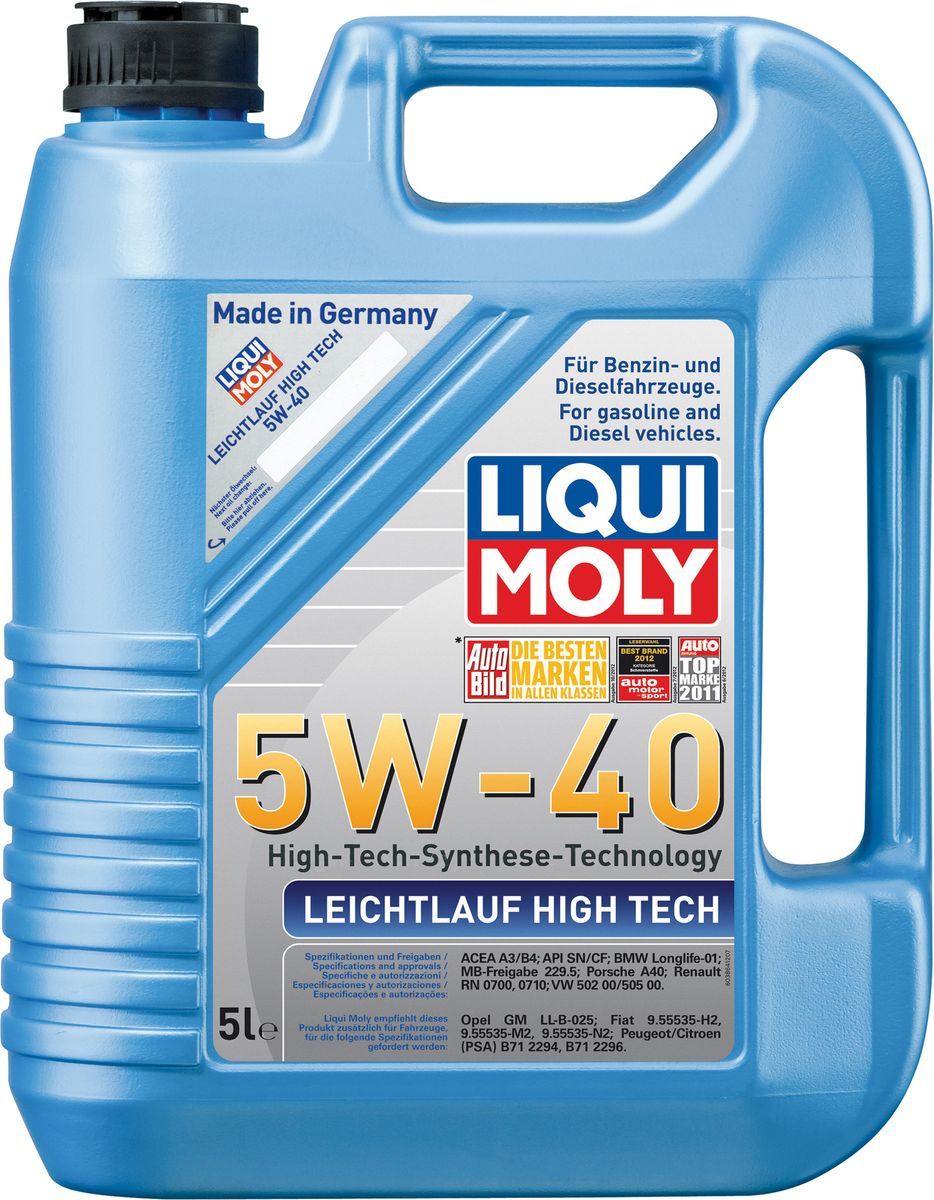 Масло моторное Liqui Moly Leichtlauf High Tech, НС-синтетическое, 5W-40 , 5 лS03301004 Масло моторное Liqui Moly Leichtlauf High Tech, НС-синтетическое, 5W-40 , 5 лS03301004Масло моторное Liqui Moly Leichtlauf High Tech - универсальное моторное масло на базе гидрокрекинговой технологии синтеза (HC-синтеза). Удовлетворяет современным требованиям международных стандартов API и ACEA, а также имеет оригинальные допуски таких производителей, как Mercedes-Benz, Volkswagen Group. Масло имеет высокую стабильность к окислению и угару, поэтому может использоваться в нагруженных бензиновых и дизельных двигателях с турбонаддувом и интеркулером. В моторном масле Leichtlauf High Tec 5W-40 используются базовые компоненты, произведенные по новейшим технологиям синтеза и отличающиеся высочайшими защитными свойствами. Масло содержит специальный пакет присадок, который обеспечивает высочайший уровень защиты от износа, предотвращает образование и накопление отложений в масляной системе и гарантирует стабильное поступление масла ко всем деталям двигателя. Особенности: - Быстрое поступление масла к деталям двигателя при низких температурах- Очень высокая защита от износа и надежность смазывания- Очень низкий расход масла- Отличная чистота двигателя- Экономия топлива и снижение вредных выбросов- Проверено на турбированных двигателях и катализатореЗа счет новейших технологий синтеза масла линейки Leichtlauf практически не уступают классической ПАО-синтетике, оставаясь при этом более доступными по цене. Также благодаря наличию оригинальных допусков производителей автомобилей, использование Leichtlauf 5W-40 позволяет сохранить все гарантийные условия при прохождении ТО. Допуск:- API: CF/SN- ACEA: A3/B4- BMW: Longlife-01- MB: 229.5- Porsche: A40- Renault: RN 0700- VW: 502 00/505 00Соответствие:- Chrysler: MS-10725/MS-10850- Fiat: 9.55535-Z2/9.55535-H2/9.55535-M2/9.55535-N2- PSA: B71 2294/B71 2296- Opel: GM-LL-B025