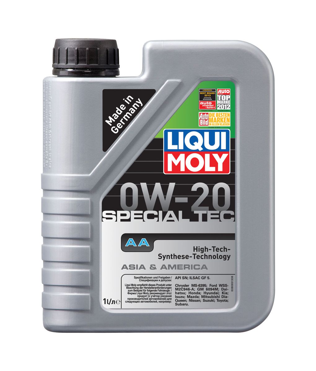Масло моторное Liqui Moly Special Tec AA, НС-синтетическое, 0W-20, 1 лS03301004 Масло моторное Liqui Moly Special Tec AA, НС-синтетическое, 0W-20, 1 лS03301004Масло моторное Liqui Moly Special Tec AA рекомендуется для автомобилей Honda, Mazda, Mitsubishi, Nissan, Daihatsu, Hyundai, Kia, Isuzu, Suzuki, Toyota, Subaru, Ford, Chrysler, GM. Современное HC-синтетическое энергосберегающее моторное масло специально предназначено для всесезонного использования в двигателях американских и азиатских автомобилей. Благодаря отличным низкотемпературным свойствам в соответствии с классом вязкости 0W-20 данное масло отлично подходит для новейших двигателей Honda и гибридных автомобилей концерна Toyota, произведенных для японского и американского рынков. Базовые масла, полученные по технологии синтеза, и новейшие присадки составляют рецептуру моторного масла с отменной защитой от износа, снижающего расход топлива и масла, обеспечивающего чистоту двигателя и максимально быстрое поступление к трущимся деталям. Особенности: - Отличные пусковые свойства в мороз- Быстрое поступление масла ко всем деталям двигателя при низких температурах- Высочайшие показатели топливной экономии- Сокращает эмиссию выхлопных газов- Отличная чистота двигателя- Совместимо с новейшими системами нейтрализации отработавших газов бензиновых двигателейДопуск: -API: SN-ILSAC: GF-5Соответствие: -Chrysler: MS-6395-Ford: WSS-M2C946-A-GM: 6094 M-Daihatsu: Daihatsu-Honda: Honda-Hyundai: Hyundai-Kia: Kia-Isuzu: Isuzu-Mazda: Mazda-Mitsubishi: Mitsubishi-Nissan: Nissan-Suzuki: Suzuki-Toyota: Toyota-Subaru: Subaru