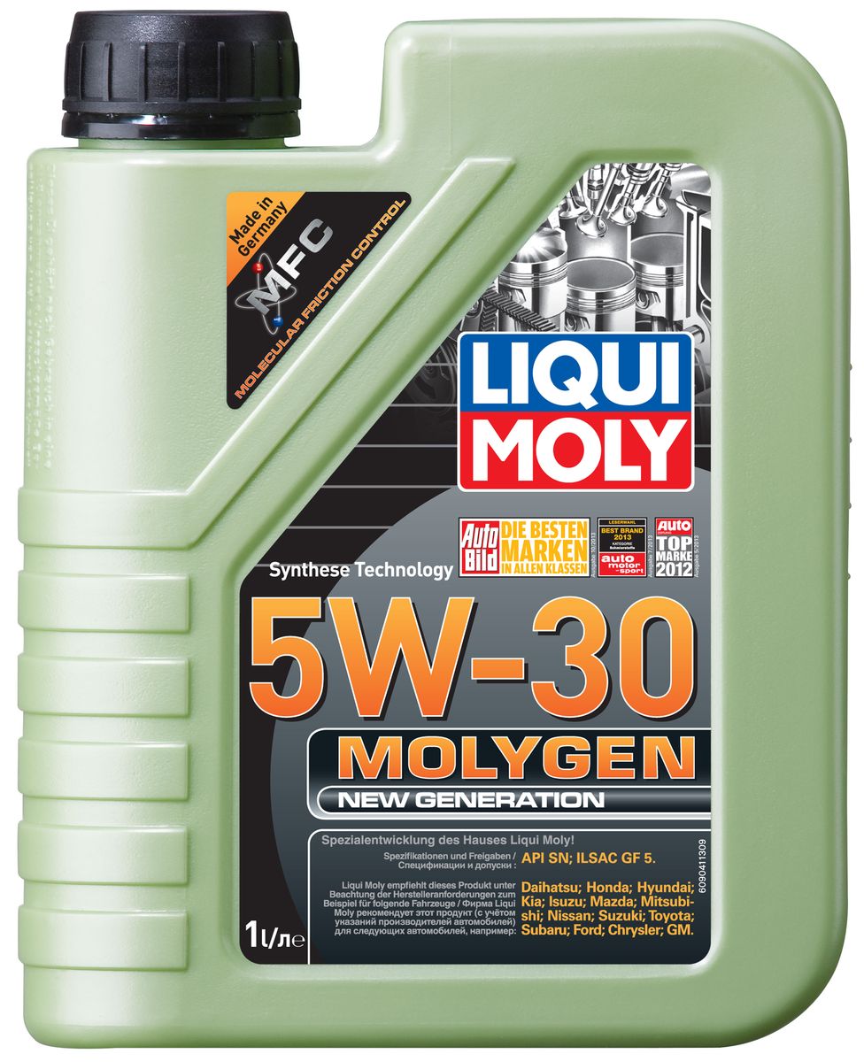 Масло моторное Liqui Moly Molygen New Generation, НС-синтетическое, 5W-30, 1 лкн12-60авц Масло моторное Liqui Moly Molygen New Generation, НС-синтетическое, 5W-30, 1 лкн12-60авцМасло моторное Liqui Moly Molygen New Generation - моторное масло на базе HC-синтетической технологии с фирменным антифрикционным пакетом присадок Molygen, созданным на основе новейшей технологии Molecular Friction Control. Эта технология работает посредством легирования поверхностного слоя деталей двигателя ионами молибдена и вольфрама. В результате легированные поверхности обладают очень высоким запасом прочности, который сохраняется на долгий срок. Оптимально для автомобилей американского и азиатского рынка. Экономит до 5% топлива и существенно продлевает ресурс двигателя. Моторное масло удовлетворяет самым современным спецификациям API SN и ILSAC GF-5 и имеет самый популярнейший класс вязкости для современных автомобилей. Особенности: - Наивысшая защита от износа- Высочайшие показатели топливной экономии- Быстрое поступление масла ко всем деталям двигателя при низких температурах- Сокращает эмиссию выхлопных газов- Отличная чистота двигателя- Совместимо с современными системами нейтрализации отработавших газов бензиновых двигателей- Очень низкий расход маслаМоторное масло Molygen NG 5W-30 благодаря новейшей формуле MFC позволяет существенно увеличить ресурс двигателя и сэкономить за счет снижения расхода топлива. Соответствия и допуски:- API: SN- ILSAC: GF-5- Chrysler: Chrysler- Ford: Ford- GM: GM- Daihatsu: Daihatsu- Honda: Honda- Hyundai: Hyundai- Kia: Kia- Isuzu: Isuzu- Mazda: Mazda- Mitsubishi: Mitsubishi- Nissan: Nissan- Suzuki: Suzuki- Toyota: Toyota- Subaru: Subaru