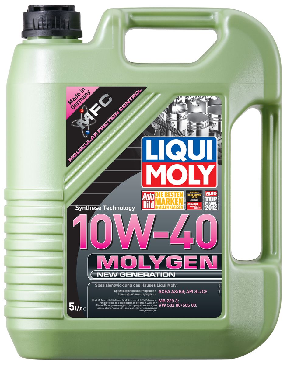 Масло моторное Liqui Moly Molygen New Generation, НС-синтетическое, 10W-40, 5 лS03301004 Масло моторное Liqui Moly Molygen New Generation, НС-синтетическое, 10W-40, 5 лS03301004Масло моторное Liqui Moly Molygen New Generation - моторное масло на базе HC-синтетической технологии с фирменным антифрикционным пакетом присадок Molygen, созданным на основе новейшей технологии Molecular Friction Control. Оптимально для автомобилей европейского и российского рынка. Экономит до 2,5% топлива и существенно продлевает ресурс двигателя. Моторное масло удовлетворяет современным спецификациям API/ACEA. Класс вязкости позволяет обеспечить высочайший уровень защиты автомобилей с серьезным пробегом и легкого коммерческого транспорта. Комбинация самых современных базовых масел и новейшего уникального пакета присадок Molygen, созданного на основе гибридной технологии MFC, обеспечивает моторному маслу непревзойденные защитные свойства. Технология MFC (Molecular Friction Control) работает посредством легирования поверхностного слоя деталей двигателя ионами молибдена и вольфрама. В результате легированные поверхности обладают очень высоким запасом прочности, который сохраняется на долгий срок. Особенности: - Наивысшая защита от износа- Высокие показатели топливной экономии- Надежное поступление масла к деталям двигателя во всем диапазоне рабочих температур- Очень низкий расход масла- Отличная чистота двигателя- Экономия топлива и снижение вредных выбросов- Проверено на системах с турбинами, компрессорами и катализаторамиМоторное масло Molygen NG 10W-40 благодаря новейшей формуле MFC позволяет существенно увеличить ресурс двигателя и сэкономить за счет снижения расхода топлива.Допуск:- API: CF/SL- ACEA: A3/B4- MB: 229.3- VW: 502 00/505 00