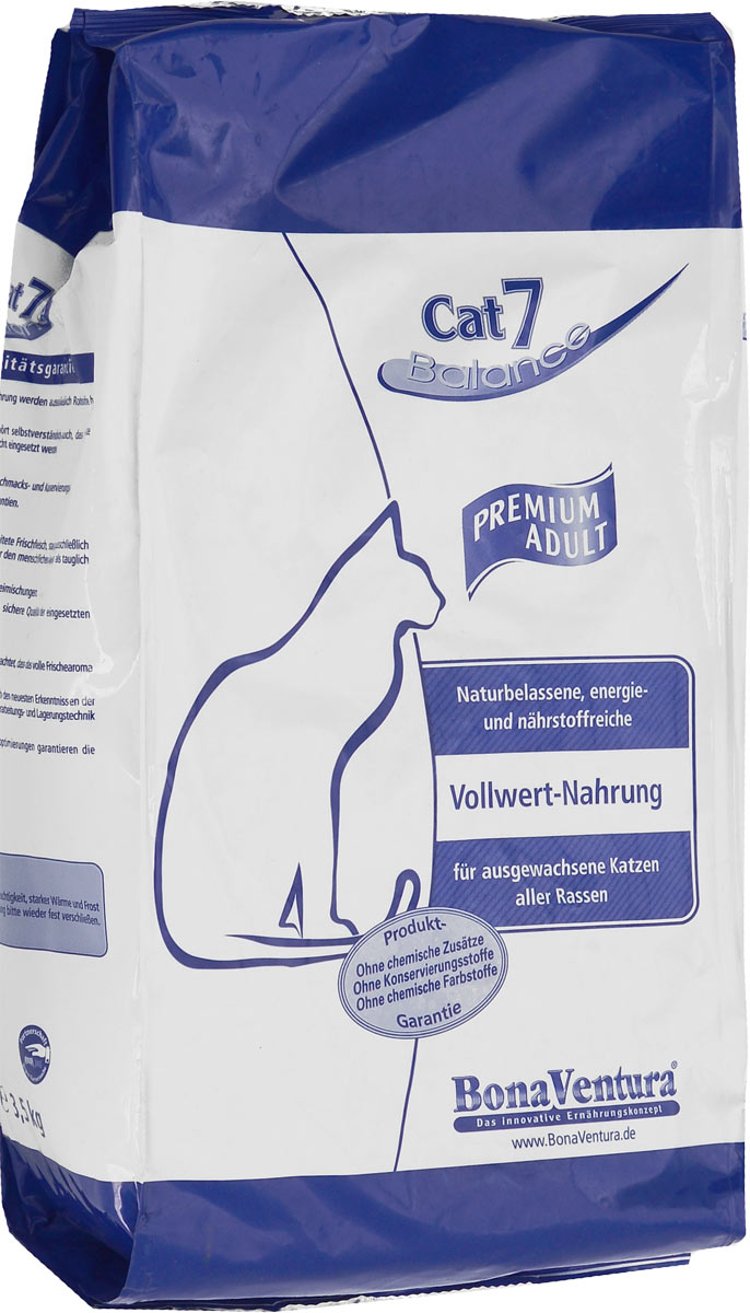 Корм сухой BonaVentura Cat 7 Premium для взрослых кошек, с мясом и рыбой, 3,5 кг0120710 Корм сухой BonaVentura Cat 7 Premium для взрослых кошек, с мясом и рыбой, 3,5 кг0120710Натуральный корм BonaVentura Cat 7 Premium предназначен для взрослых кошек всех пород. Содержит 4 вида мяса и 2 вида рыбы. Корм произведен из продуктов, пригодных в пищу человека по специальной технологии, схожей с технологией Sous Vide. Благодаря технологии, при изготовлении сохраняются все натуральные витамины и минералы. Это достигается благодаря бережной обработке всех ингредиентов при температуре менее 80 градусов. Такая бережная обработка продуктов не стерилизует продуктовые компоненты. Благодаря этому корма не нуждаются ни в каких дополнительных вкусовых добавках и сохраняют все необходимые полезные вещества.При производстве кормов используются исключительно свежие натуральные продукты: мясо, овощи и зерновые; Приготовлено из 100% свежего мяса, пригодного в пищу человеку; Содержит натуральные витамины, аминокислоты, минеральные вещества и микроэлементы; С экстрактом масла зародышей зерна пшеницы холодного отжима (Bio-Dura); Без химических красителей, усилителей вкуса, искусственных консервантов и химических добавок; Без ГМО; Без мясокостной муки; Без сои.Товар сертифицирован.