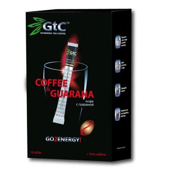 GTC кофе растворимый с гуараной в пакетиках, 15 шт0120710 GTC кофе растворимый с гуараной в пакетиках, 15 шт0120710Кофе с гуараной GTC – это уникальная композиция, состоящая из молотого и сублимированного кофе с добавлением натурального экстракта гуараны. Изготовление кофе с гуараной осуществляется по бразильскому рецепту, благодаря чему готовый продукт объединяет в себе все самое лучшее.Кофе с гуараной содержит в себе целый перечень питательных веществ. Кофеин, органические кислоты и минеральные вещества оказывают тонизирующее действие на нервную систему, улучшают работу сердца и пищеварительной системы. Полифенолы, тригонелин и витамины С, Р, В1, В2, В6, В12 замедляют старение, активизируют обменные процессы, поддерживают тонус сосудов и иммунитет.