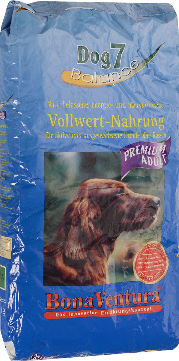 Корм сухой BonaVentura Dog 7 Premium для взрослых собак, 12,5 кг0120710 Корм сухой BonaVentura Dog 7 Premium для взрослых собак, 12,5 кг0120710Натуральный корм BonaVentura Dog 7 Premium предназначен для взрослых собак всех пород. Он произведен из продуктов, пригодных в пищу человека по специальной технологии, схожей с технологией Sous Vide. Благодаря технологии при изготовлении сохраняются все натуральные витамины и минералы. Это достигается благодаря бережной обработке всех ингредиентов при температуре менее 80 градусов. Такая бережная обработка продуктов не стерилизует продуктовые компоненты. Благодаря этому корма не нуждаются ни в каких дополнительных вкусовых добавках и сохраняют все необходимые полезные вещества. При производстве кормов используются исключительно свежие натуральные продукты: мясо, овощи и зерновые;Приготовлено из 100% свежего мяса, пригодного в пищу человеку;Содержит натуральные витамины, аминокислоты, минеральные вещества и микроэлементы;С экстрактом масла зародышей зерна пшеницы холодного отжима (Bio-Dura);Без химических красителей, усилителей вкуса, искусственных консервантов и химических добавок;Без ГМО;Без мясокостной муки;Без сои.Товар сертифицирован.